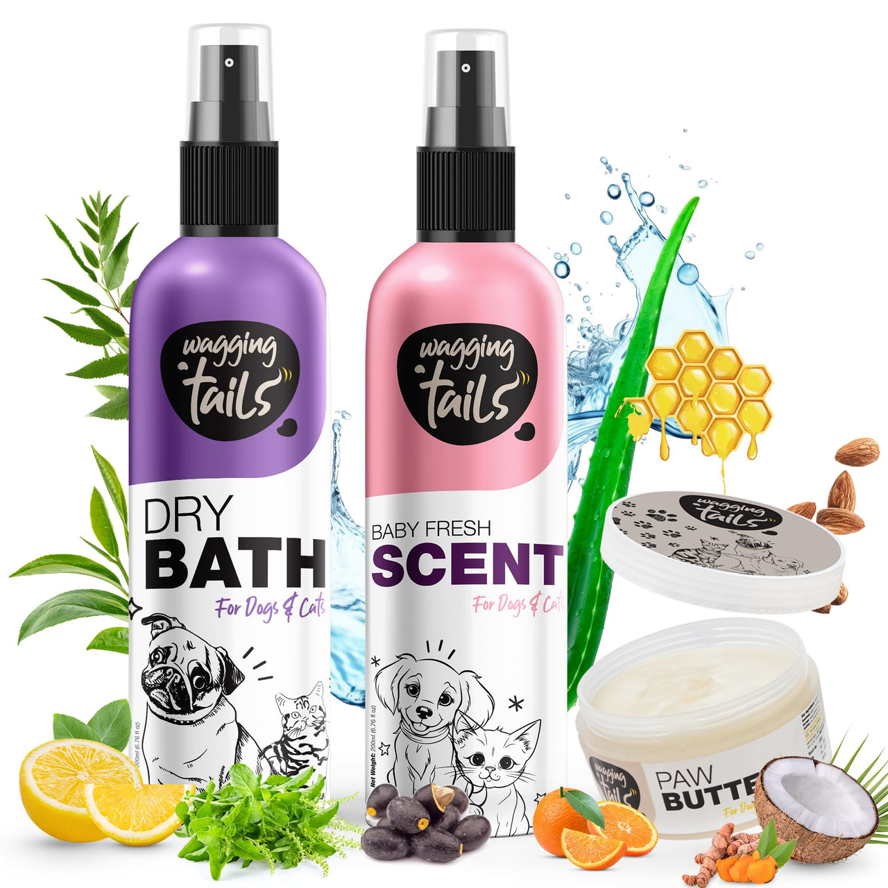 Wagging Tails 3 in 1 Grooming Kit Combo for Pets Dog Dry Bath 200ml +Paw Butter 50gm+ Baby Fresh Scent 200ml