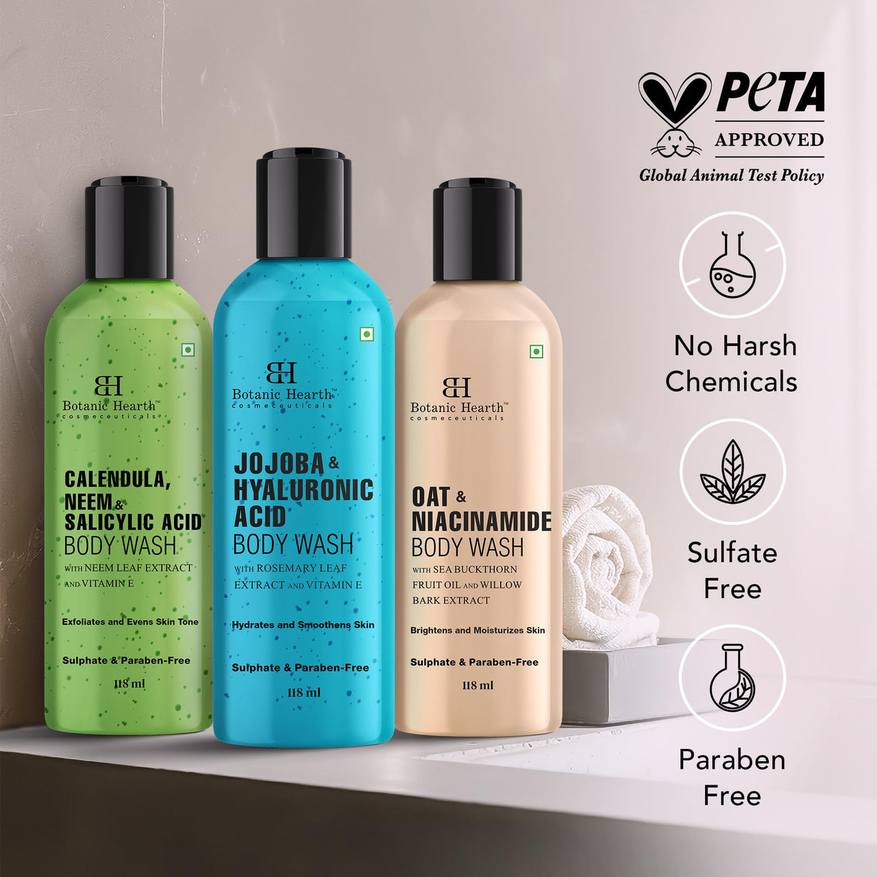 Botanic Hearth Body Wash Set of 3 – Jojoba, Oat & Neem | Soothing & Exfoliating Shower Gel with Niacinamide & Salicylic Acid | Deep Cleansing & Hydrating | For All Skin Types | 118ml Each