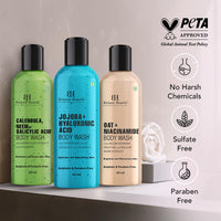 Botanic Hearth Body Wash Set of 3 – Jojoba, Oat & Neem | Soothing & Exfoliating Shower Gel with Niacinamide & Salicylic Acid | Deep Cleansing & Hydrating | For All Skin Types | 118ml Each