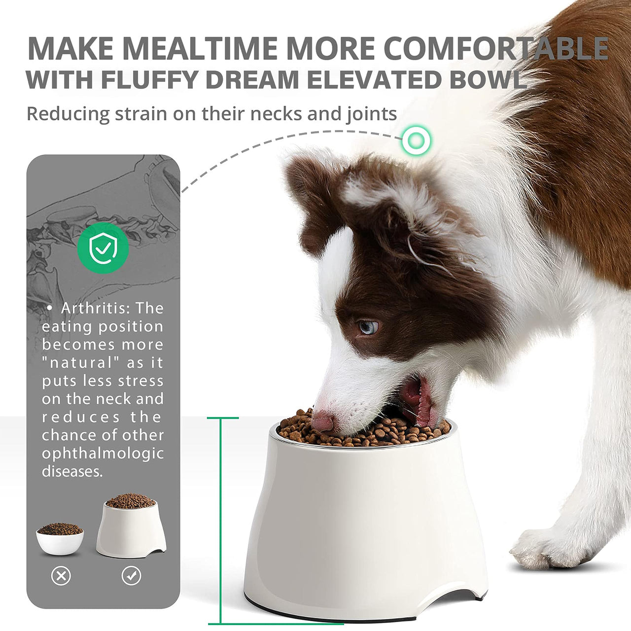 Fluffydream Elevated Dog Bowls,[Prevention of Vertebrae Disease][Super Non-Slip] Dog Bowl with Stainless Steel Bowl,High Capacity Dog Food Bowls,Colorful Raised Dog Bowls for Medium/Small Size Dogs M (540ML / 2 Cups) SnowWhite