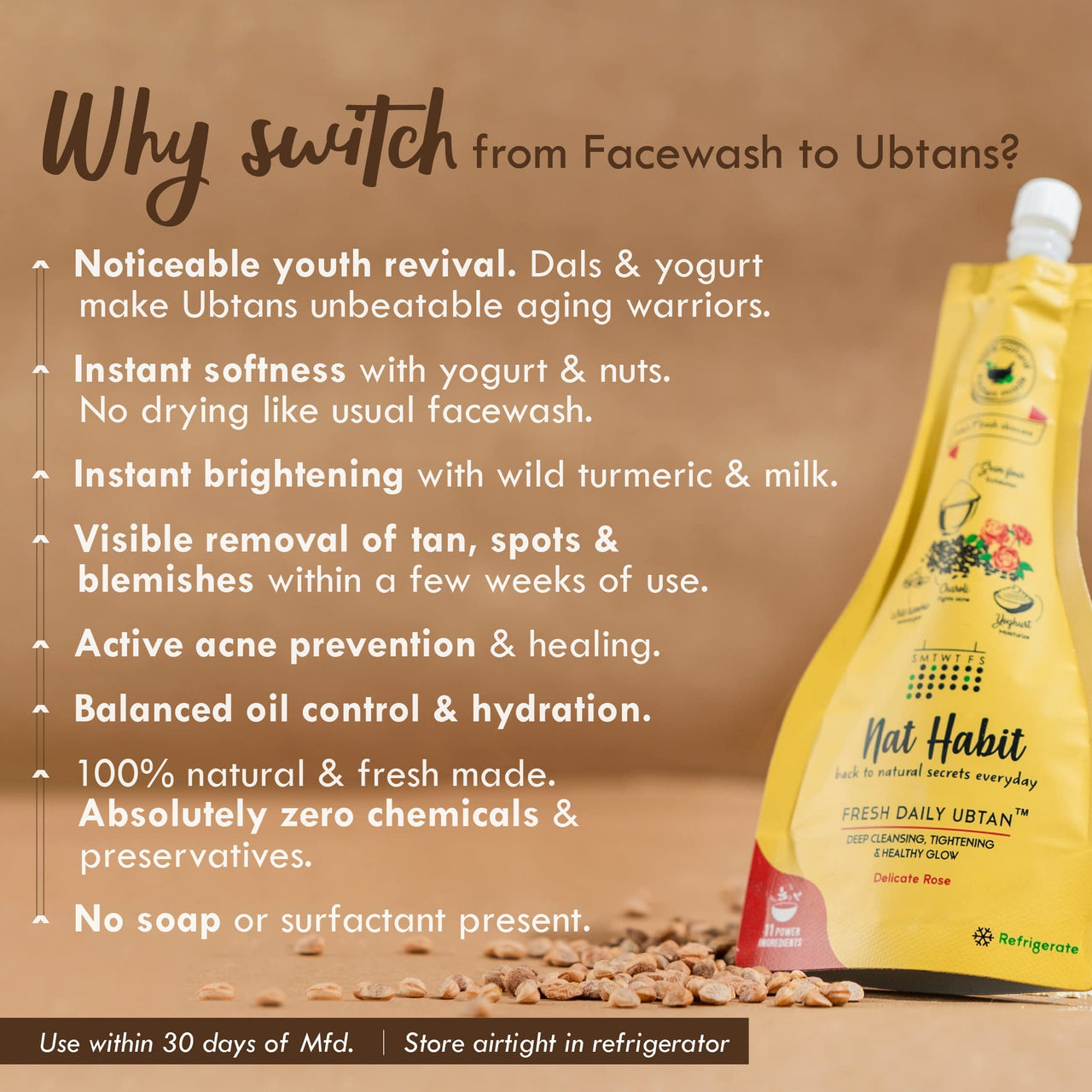 Nat Habit - Back To Natural Secrets Everyday Fresh Rose Ubtan, Face Wash, Cleanser, Face Pack Glowing Radiance, Dry & Oily Skin, Pimple, Acne Natural, Ayurvedic, (40 g) Pack of 2