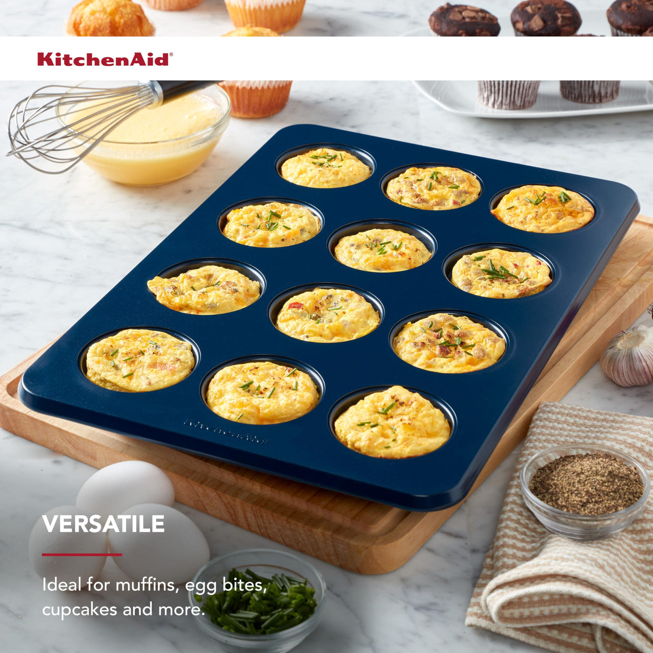 KitchenAid 12-Cup Nonstick Swiss Engineered Aluminized Steel Muffin Pan, Dishwasher Safe, Ink Blue 12 Cup