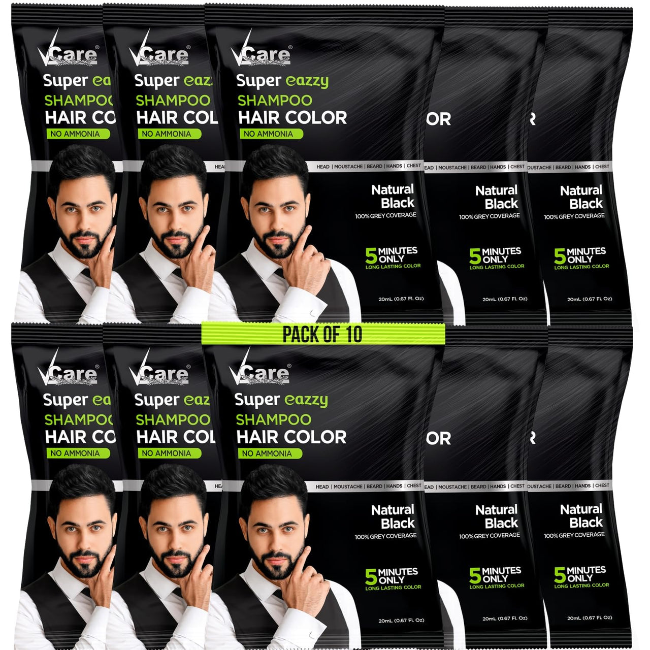 VCare Super Eazzy Hair Colour Shampoo for Women and Men 20ml | Only 5 Minute Root Hair Dye Coloring Kit Head, Moustache, Beard, Hands, Chest | No Ammonia (Pack of 10, Black)