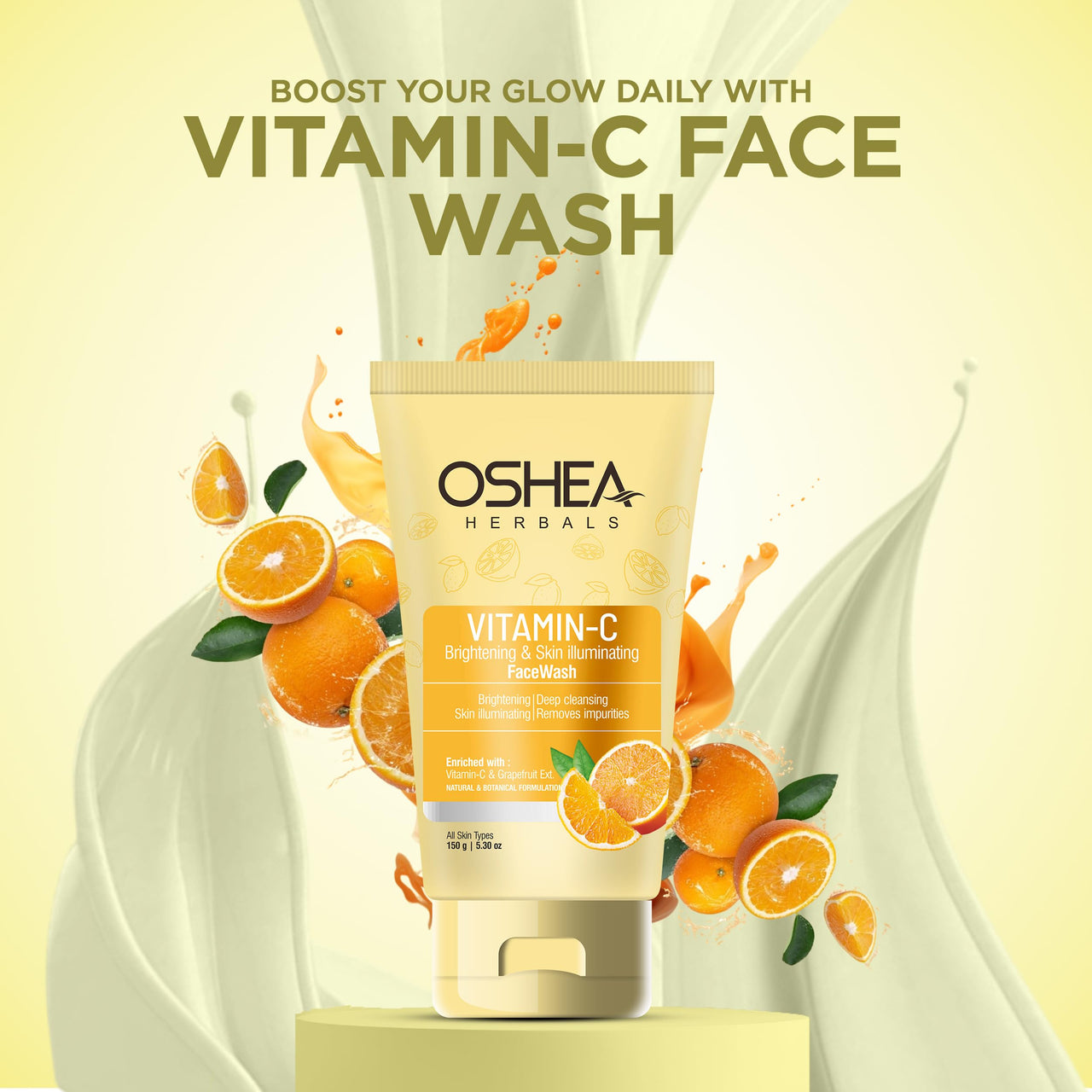 Oshea Herbals Brightening & Skin Illuminating Gel Facewash for All Skin Types | Removes Pigmentation & Brightens with Vitamin C & Grapefruit Extract - 150g