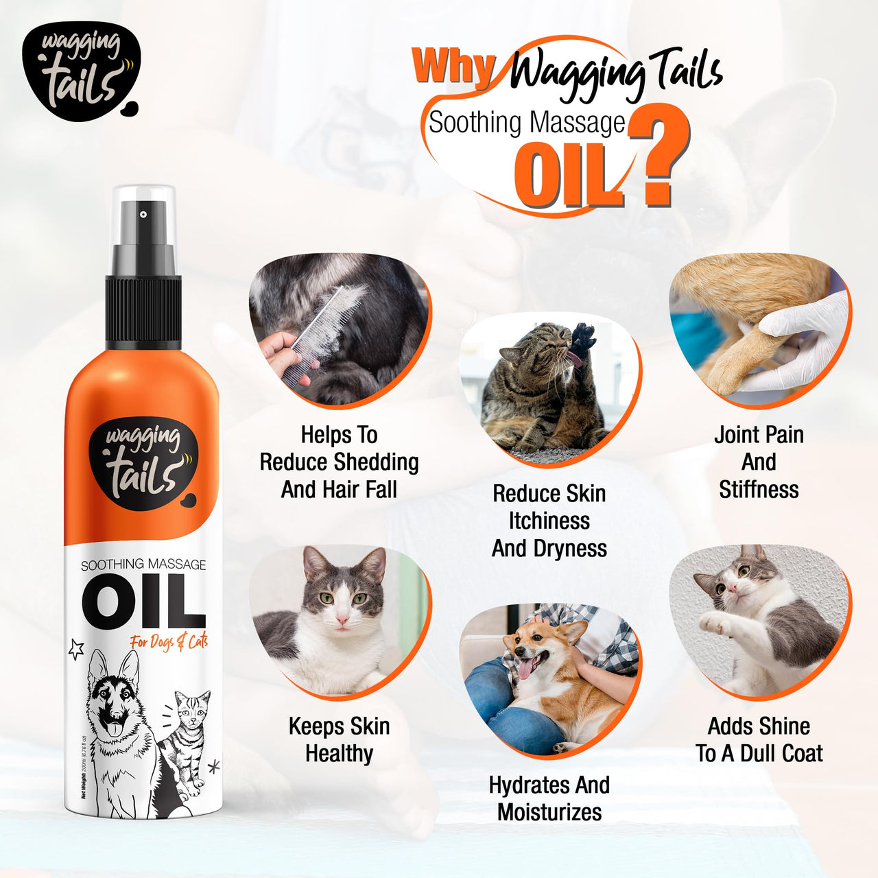 Wagging Tails Soothing Massage Pets Oil- 200ml for Dogs, Cats and Pet with Vitamin E | Natural Oil use to Controls Hair Fall & Improves Coat Shine and Softness