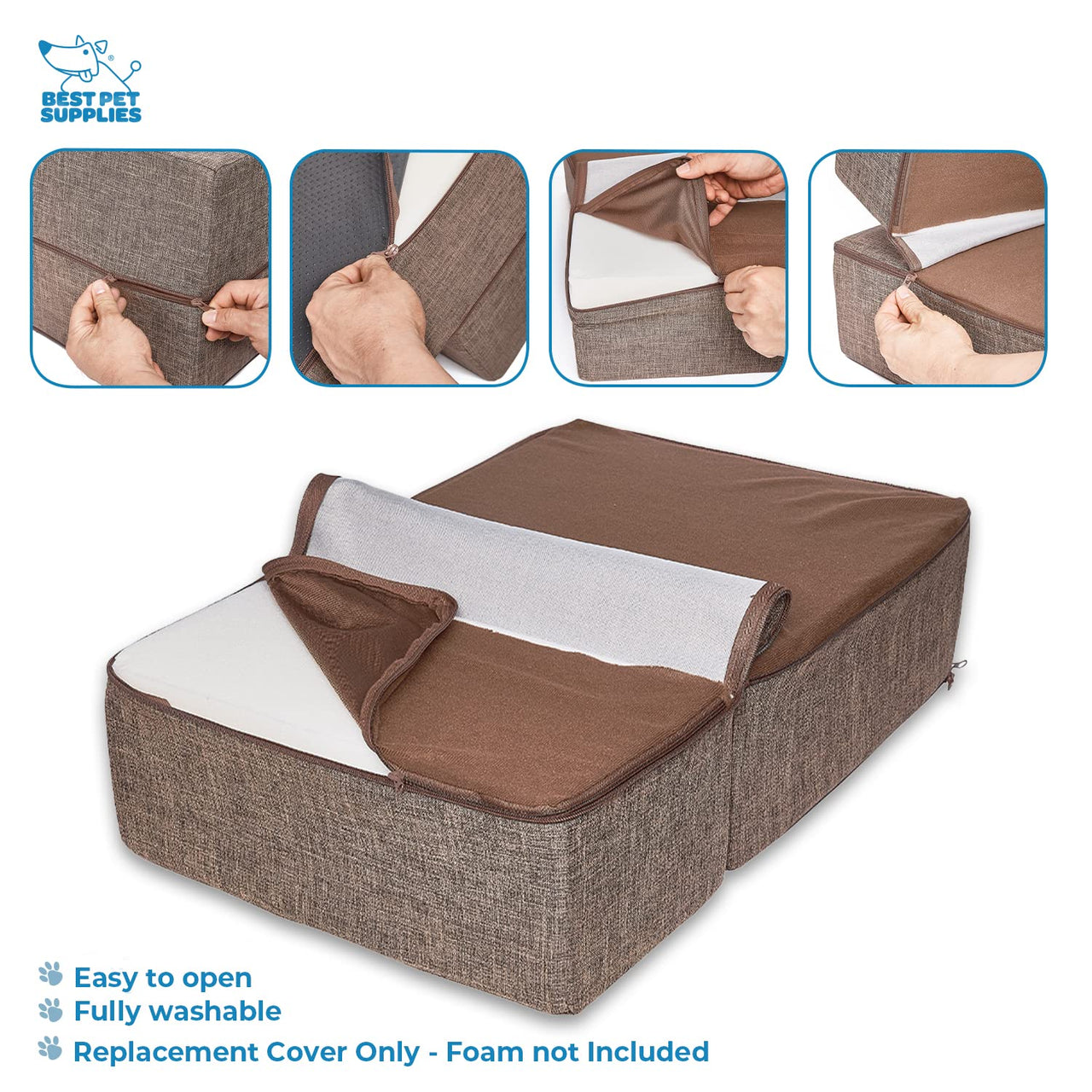 Best Pet Supplies Foldable Pet Stairs Cover for Foam Dog Ramps, Replacement Slip with Non-Slip Step Surface, Plush and Soft Fabric, Provides Paw Traction and Stability - Brown Linen, 2-Step