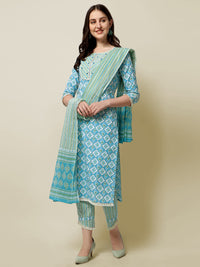 SOURBH Women's  Straight Fit Cotton Floral Printed and Embellished Kurta Set with Trouser Pant and Dupatta