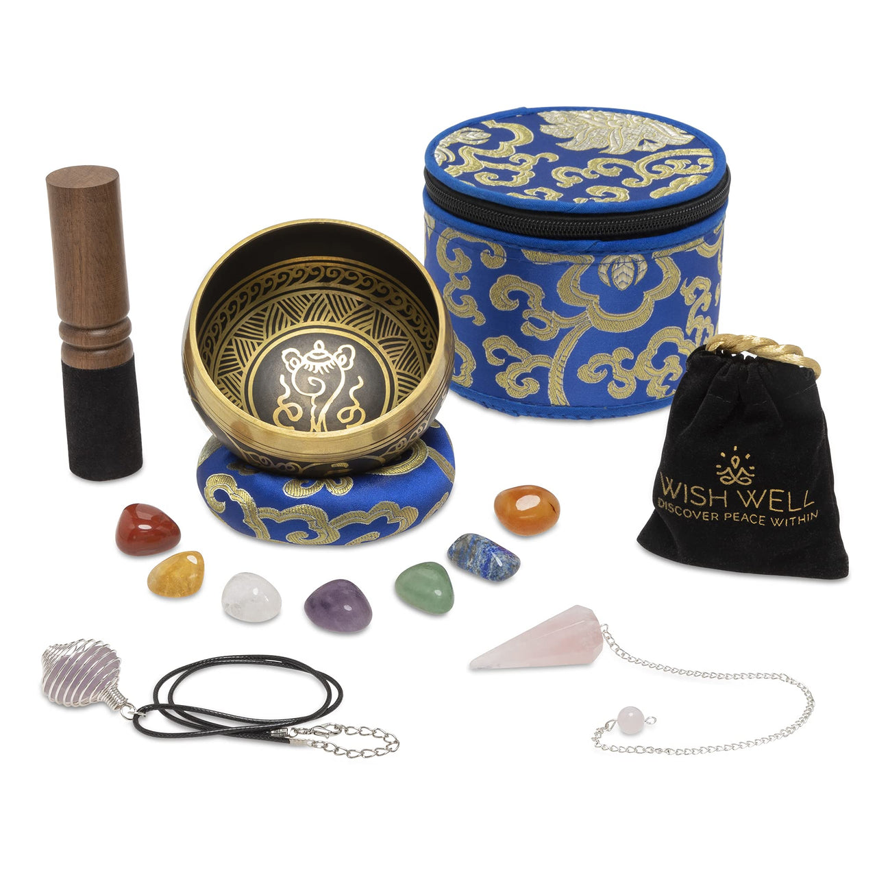 Wish Well Tibetan Singing Bowl Set ~ 4" Sound Bowl with 7 Chakra Crystal Stones, Rose Quartz Pendulum, Fabric Case, Cushion, & Mallet ~ Perfect For Meditation, Yoga, Spiritual Healing, & Mindfulness Gold Set with Healing Crystals & Case