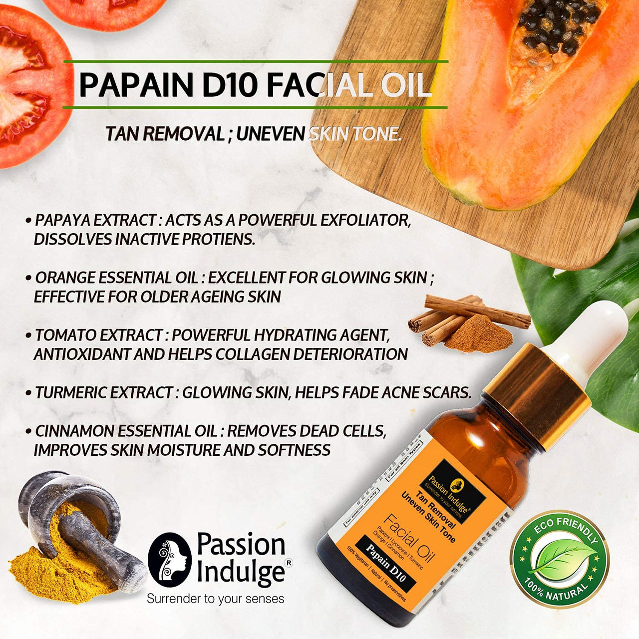 Passion Indulge Natural Papain D10 Cleanser 100ml & Papain D10 Facial Oil 10ml Combo Pack For Reduces Tan | Improves Tone & Texture | Glowing Skin With Papaya, Turmeric & Orange | All Skin Types | Vegan