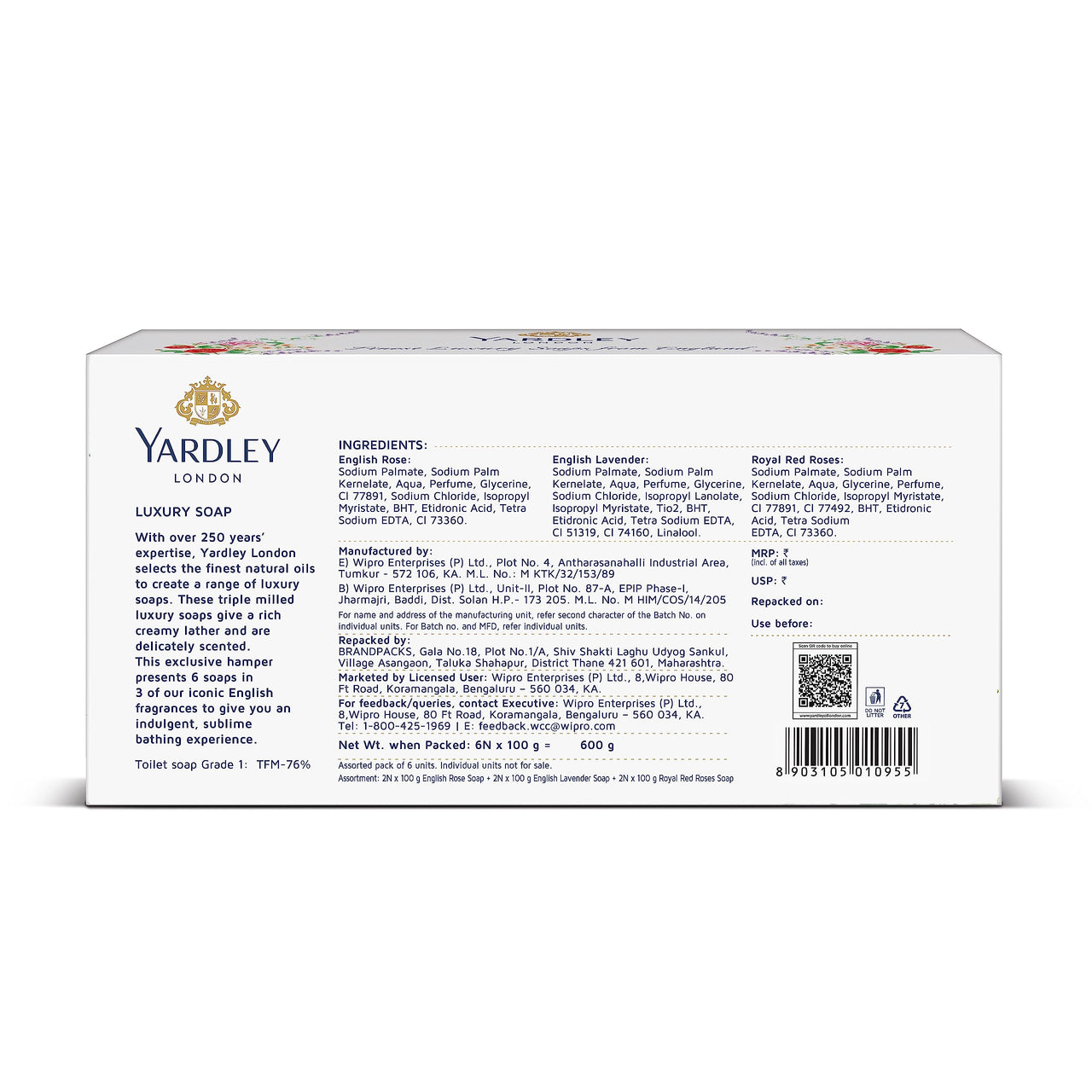 Yardley London English Lavender, English Rose, Royal Red Roses Luxury Soap for Women, 100g (Pack of 6)