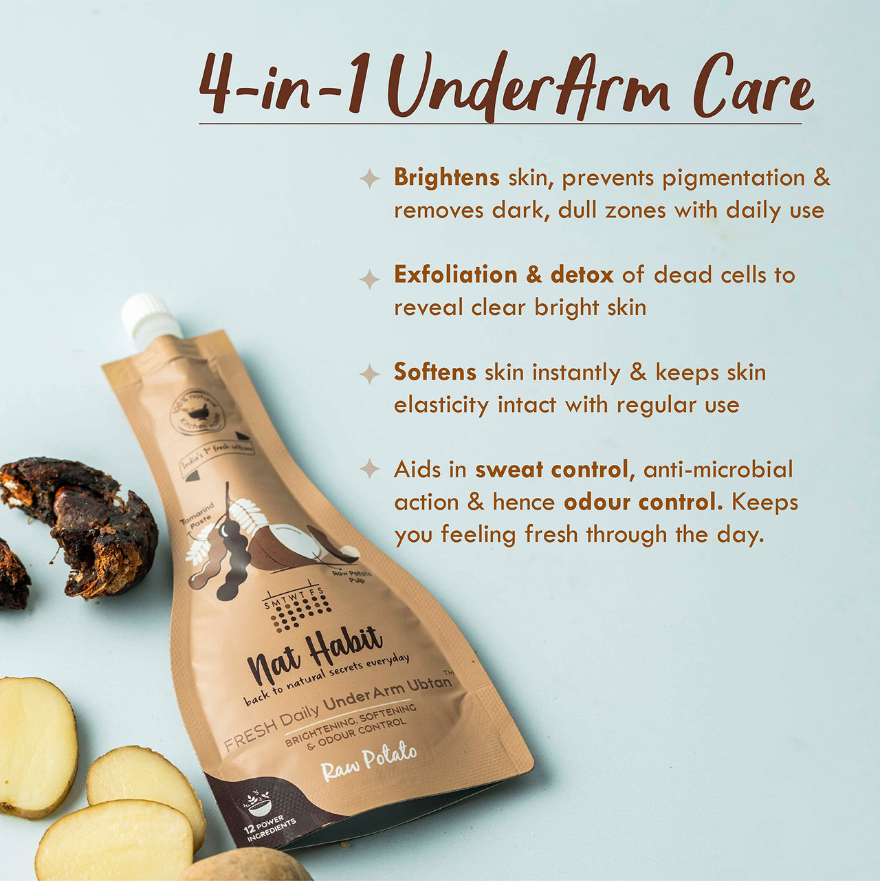 Nat Habit Raw Potato Underarm Ubtan & Scrub For Brightening, Softening, Odour Control & Remove Darkness With Tamarind & Zero Chemical (40gm X Pack Of 2)