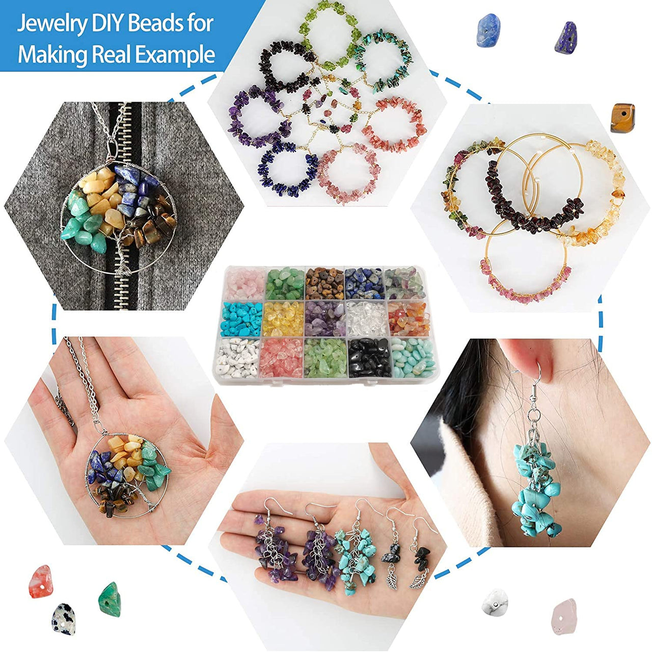 GangGangHao 1888 Pcs Natural Chip Stone Beads About 500g Irregular Gemstones Healing Crystal Loose Rocks Bead Hole Drilled DIY for Bracelet Jewelry Making Crafting (5-8mm, 15 Color Mix-S1) 15 Color-S1
