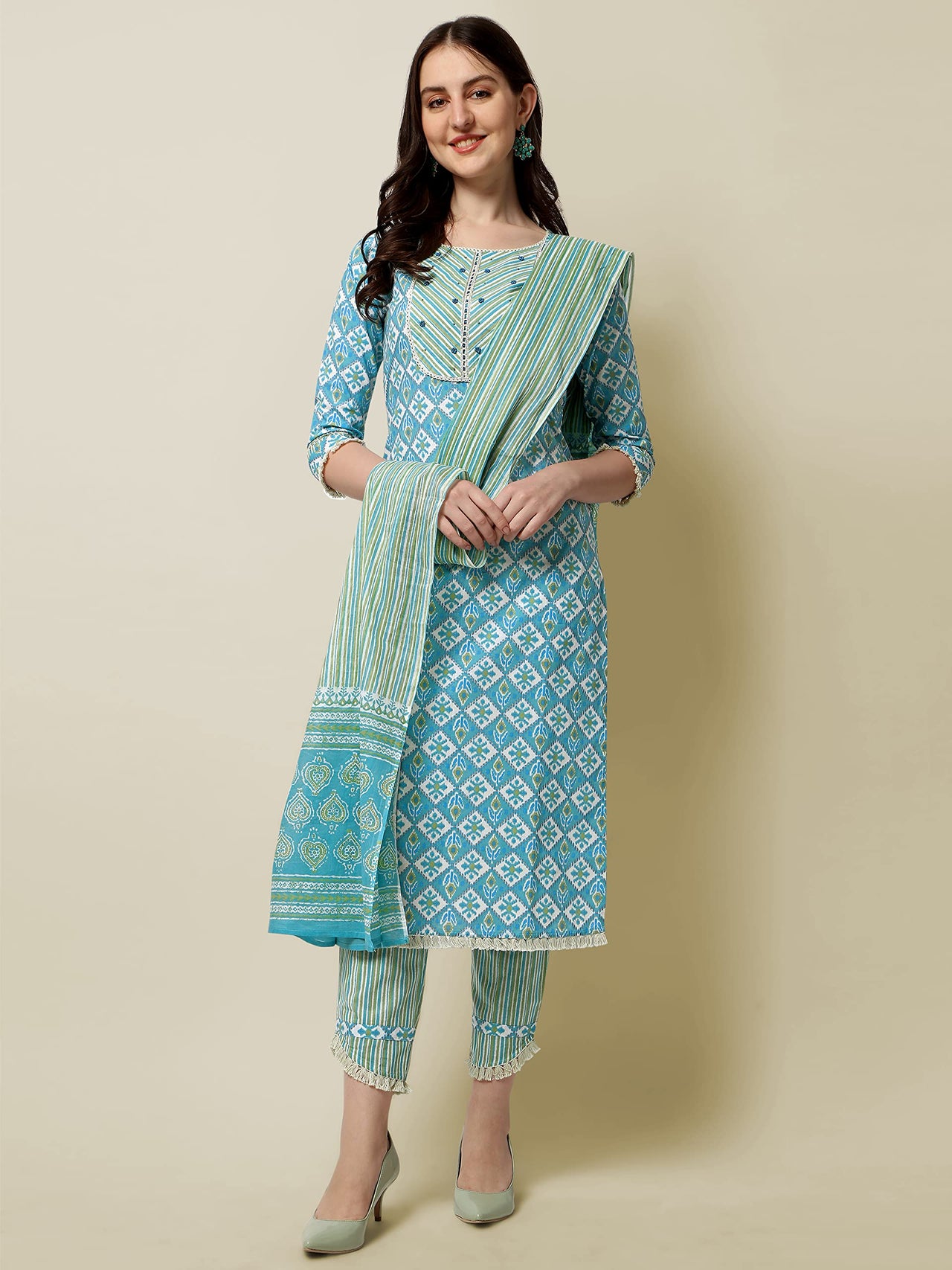 SOURBH Women's  Straight Fit Cotton Floral Printed and Embellished Kurta Set with Trouser Pant and Dupatta
