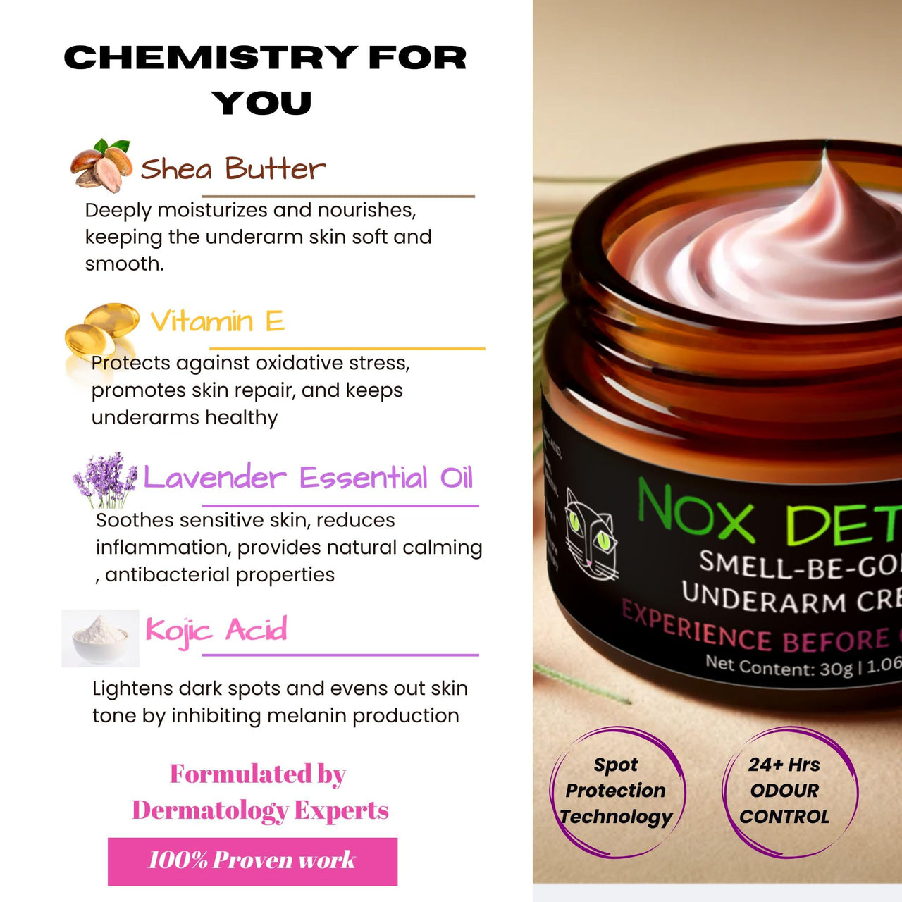 NOX DETOX Underarm Cream | Deodorant for Men & Women with Vitamin E & Kojic Acid | Controls Odour 24+ Hrs | Cleans Dark Underarms | No Aluminium | All Skin Type + Sensitive Skin | Natural & Vegan