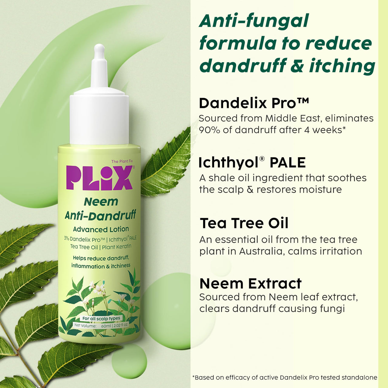 PLIX - THE PLANT FIX | Neem Anti-Dandruff Advanced Lotion | Reduce Dandruff, Itching & Irritation | With Dandelix Pro & Ichthyol PALE | Paraben & Sulphate Free | Unisex (60ml)