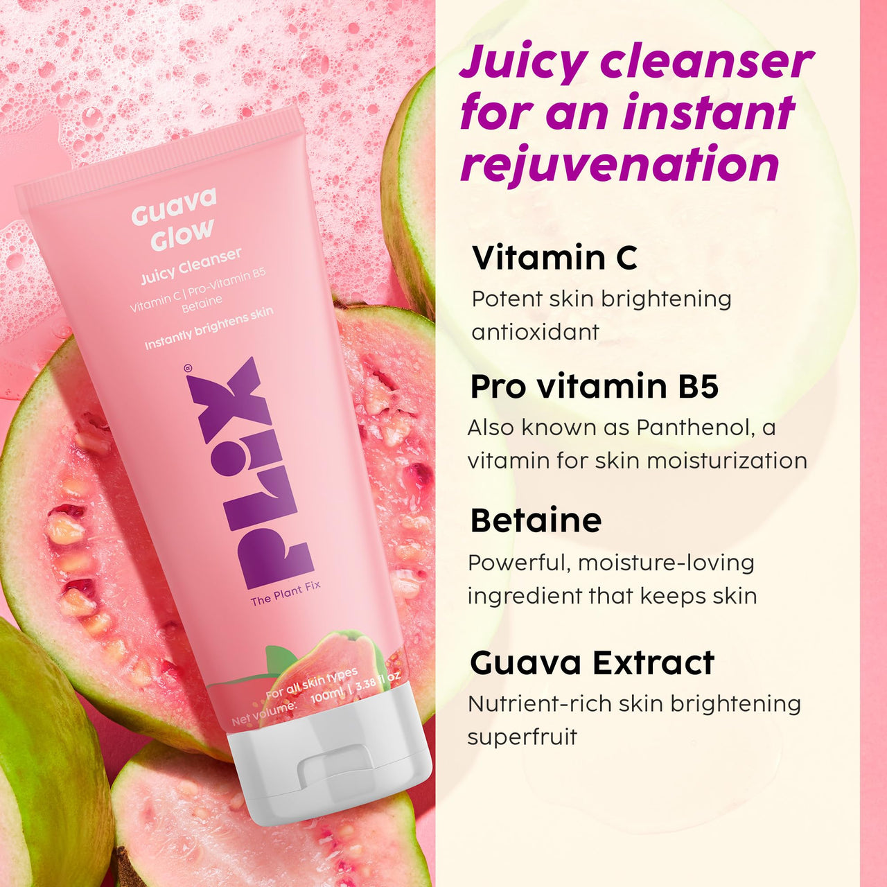 PLIX - THE PLANT FIX Guava & Roses Regime for Bright Skin & Balanced Skin pH| Hydrating Cleanser| 2-in-1 Toner Serum| Vitamin C Serum | Smoothie Moisturizer | For Men & Women| Glowing in 1 Use