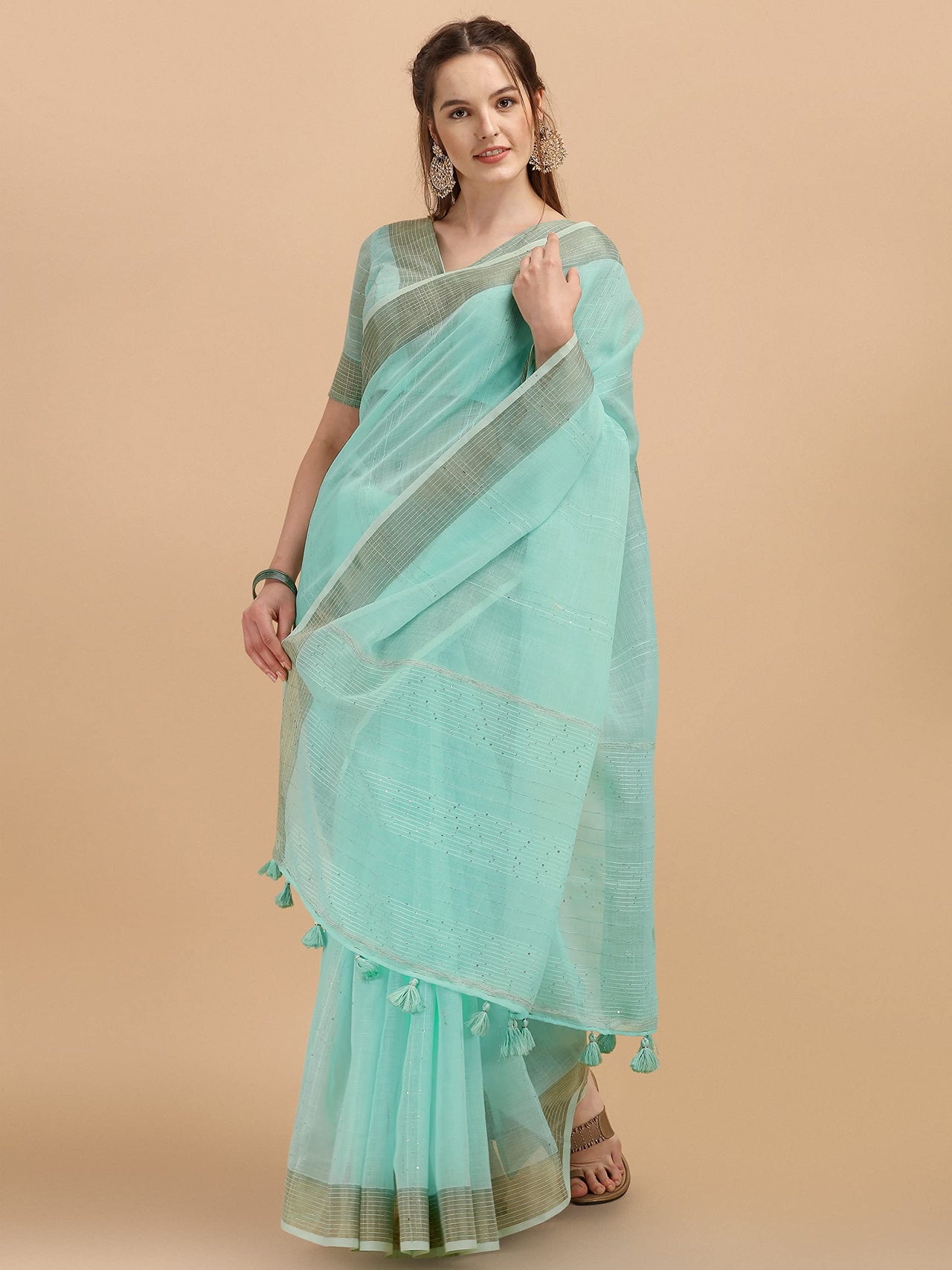 DUNGRANI Women's  Linen Saree With Blouse Piece