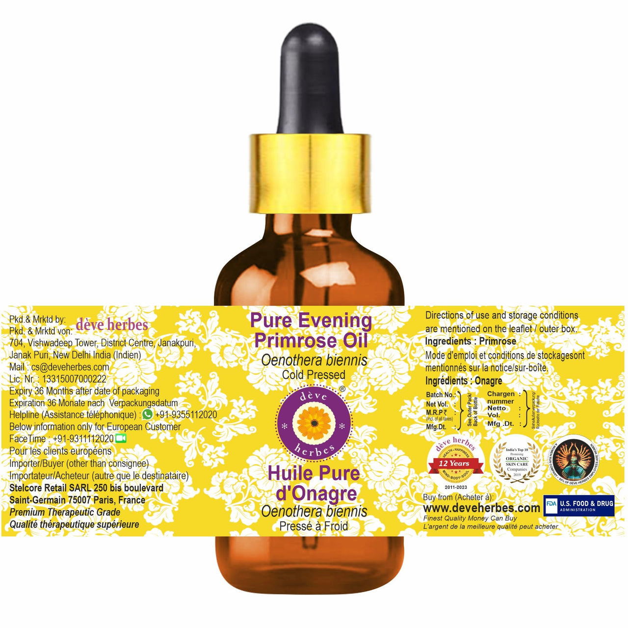 Deve Herbes Pure Evening Primrose Oil (Oenothera biennis) with Glass Dropper Cold Pressed 10ml (Pack of 1)(0.33 oz)