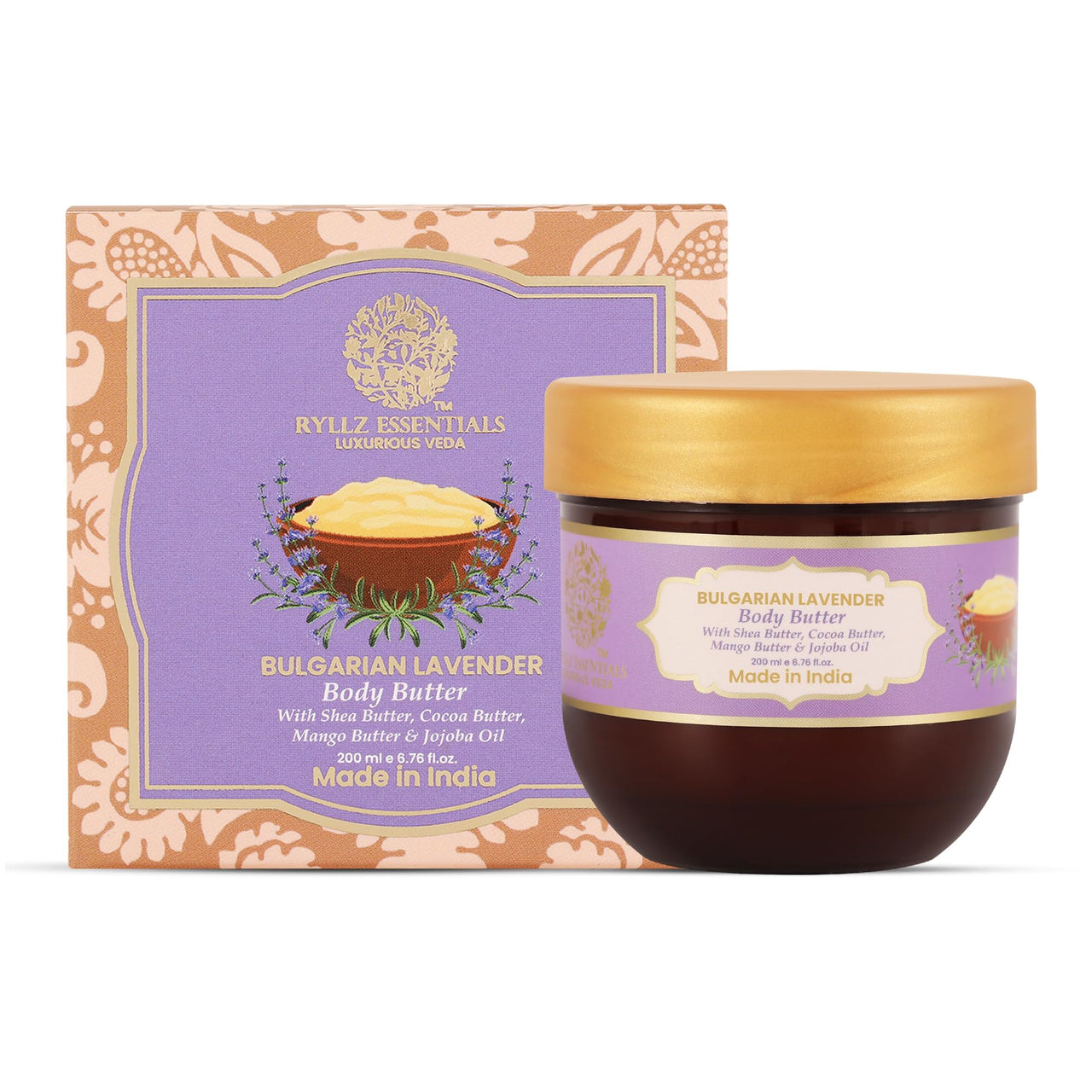 RYLLZ ESSENTIALS Bulgarian Lavender Body Butter With Shea, Cocoa & Mango Butter, Niacinamide & Jojoba Oil | For 48Hrs Moisturisation, Stretch Marks, Dry/Itchy Skin & Uneven Skin Tone | 200 Ml