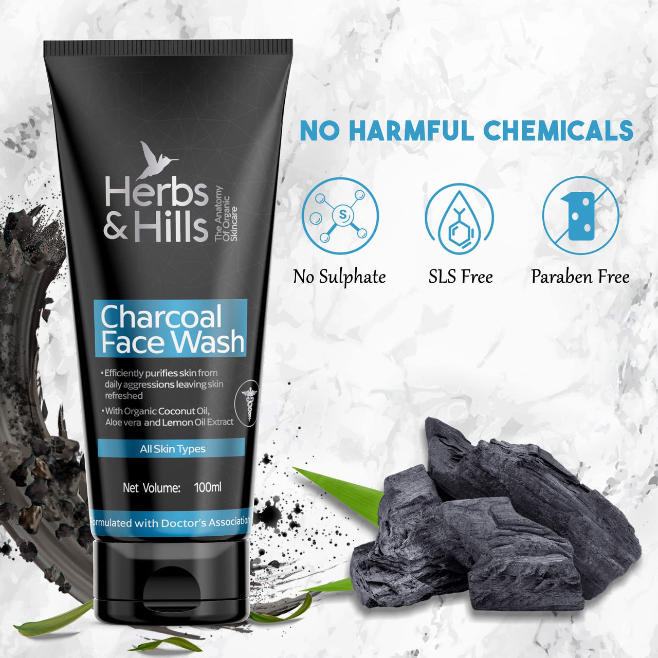 Herbs & Hills Organic Charcoal Face Wash - 100ml | Anti Pollution | Oil Control | For Dirt & Dullness | Face Wash for Oily & Acne Prone Skin | With Natural Coconut Oil, Aloe Vera & Lemon Oil Extract