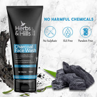 Herbs & Hills Organic Charcoal Face Wash - 100ml | Anti Pollution | Oil Control | For Dirt & Dullness | Face Wash for Oily & Acne Prone Skin | With Natural Coconut Oil, Aloe Vera & Lemon Oil Extract
