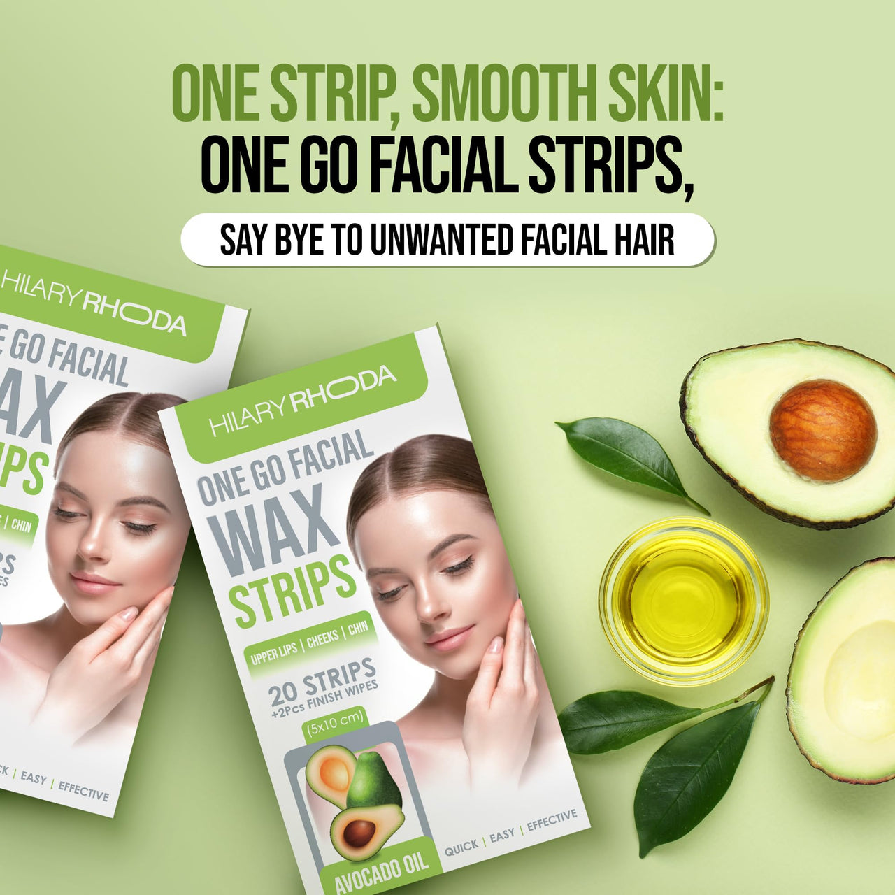 Hilary Rhoda Women One Go Facial Wax Strips - Ready-To-Use for Face, Cheek, Upper Lip & Chin - With 2 Finish Wipes - 20 Strips (Avocado Oil), Pack of 1