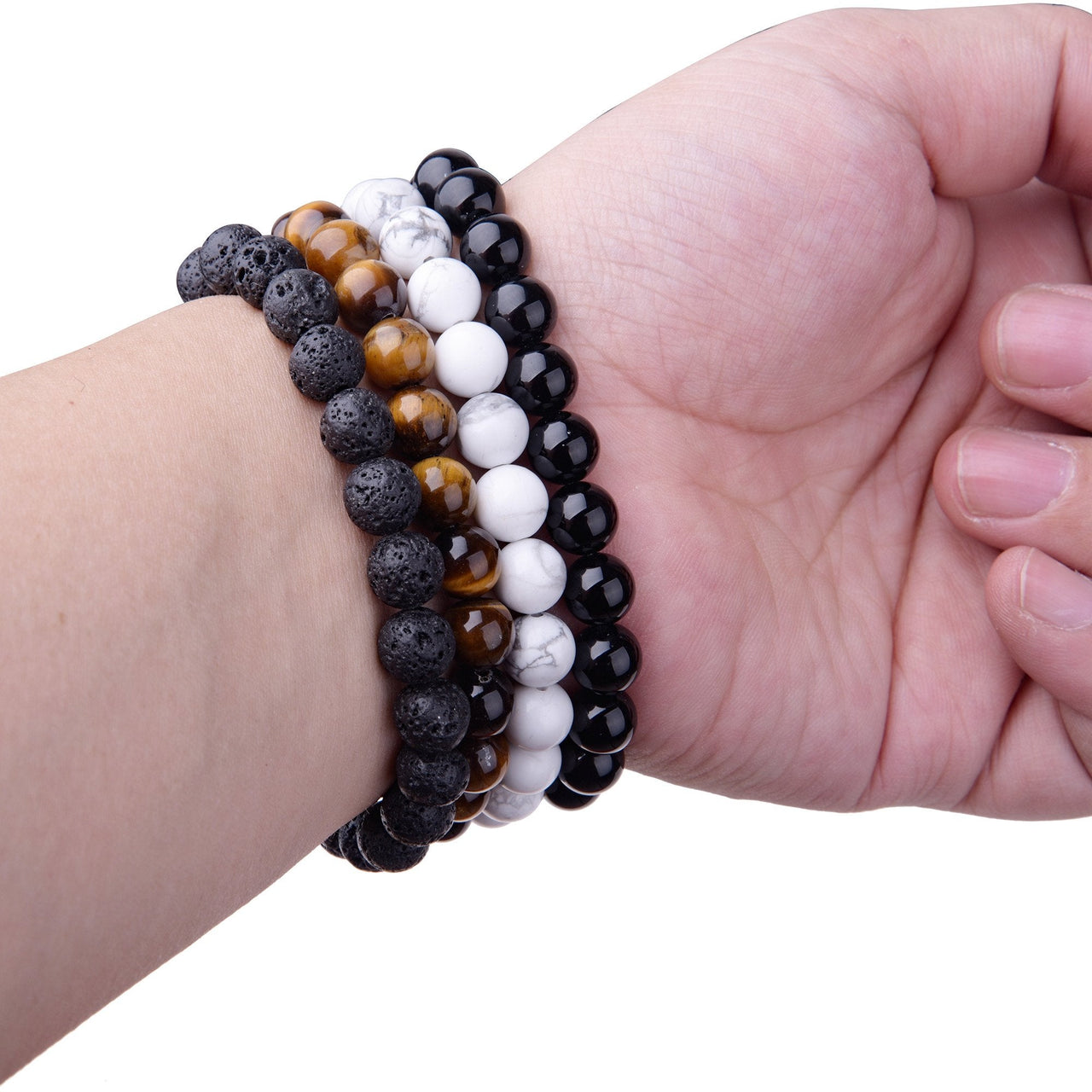 WRCXSTONE Natural 8mm Gorgeous Semi-Precious Gemstones Healing Crystal Stretch Beaded Bracelet Unisex Black, White, Brown