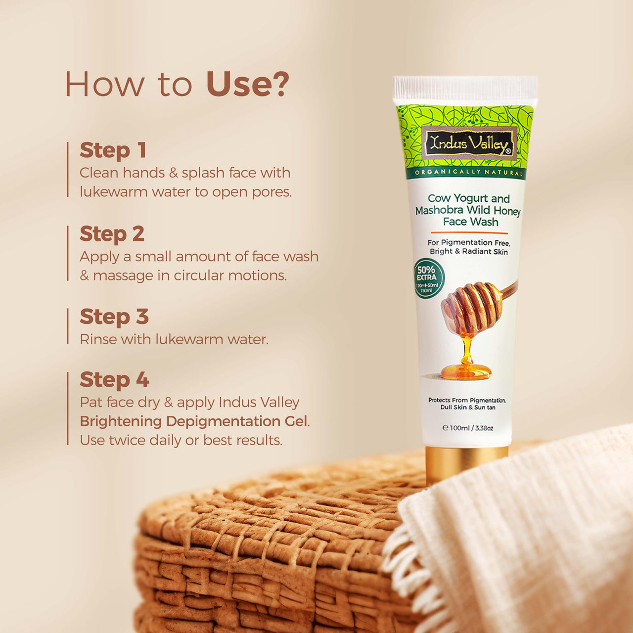 INDUS VALLEY Cow Yogurt Mashobra Honey & Papaya Cleansing Face Wash for Bright & Glowing Skin | Reduces Spots, Blemishes & Pigmentation | Low Foam | Men & Women (100gm + 50% Extra)