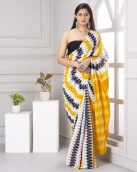 Shivanya Handicrafts Women's  Hand block printed cotton mulmul fabric saree Ikkat printed With Blouse Piece Traditional Jaipuri Print