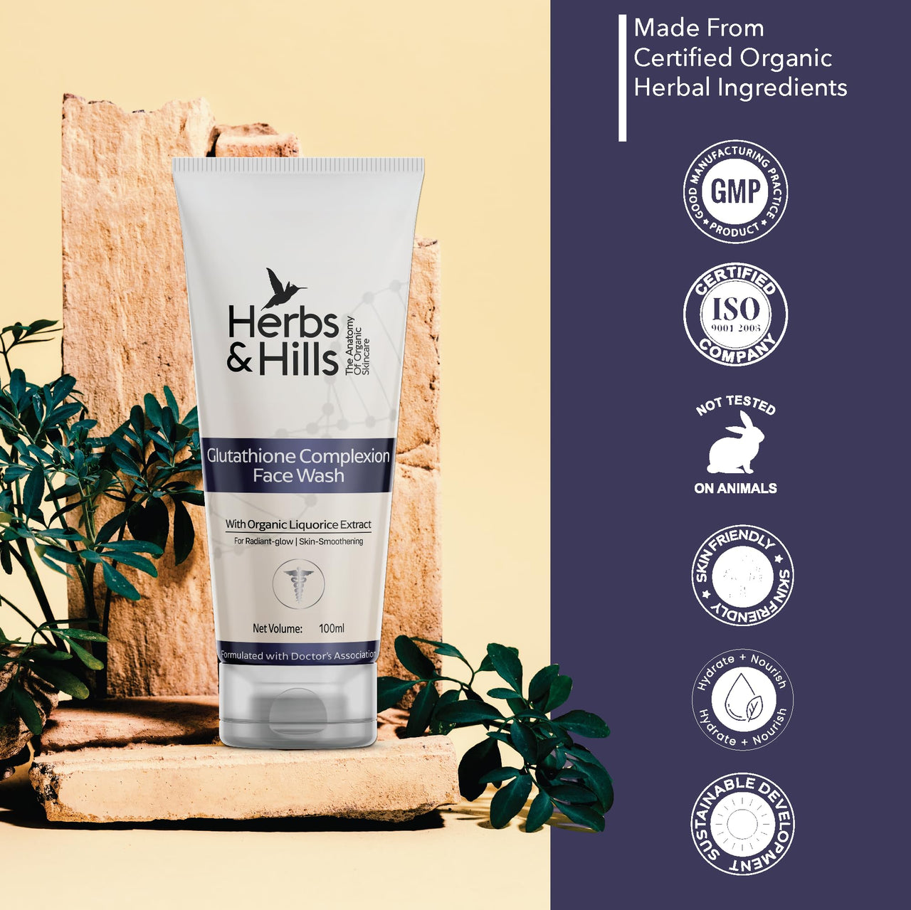 Herbs & Hills Glutathione Facewash for Skin Whitening | Face wash for Oily, Glowing, Brightening | Bright Even Skin Tone Face Wash | Face Wash for Men & Women | Organic & Natural Facewash