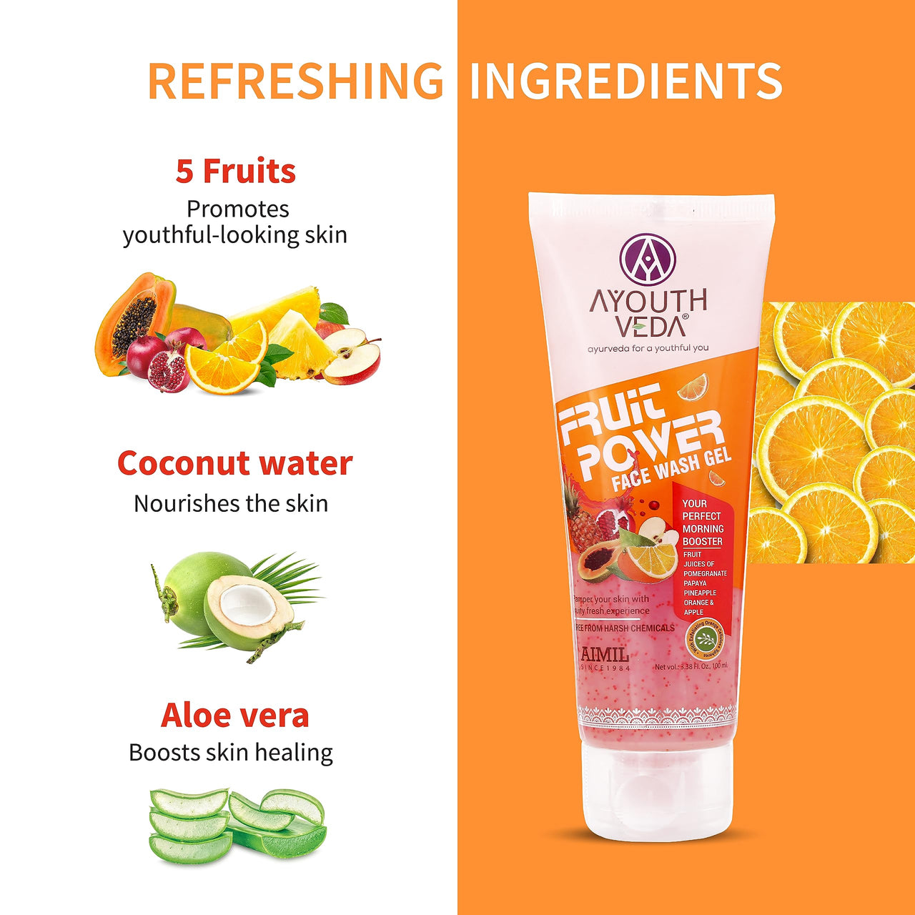 AYOUTHVEDA Fruit Power 100 Ml Face Wash Gel For Glowing Skin| Face Wash, Vitamin A, C & Anti-Oxidants | All Skin Types | Facial Cleanser For Daily Use (Pack 2; 100Ml Each)