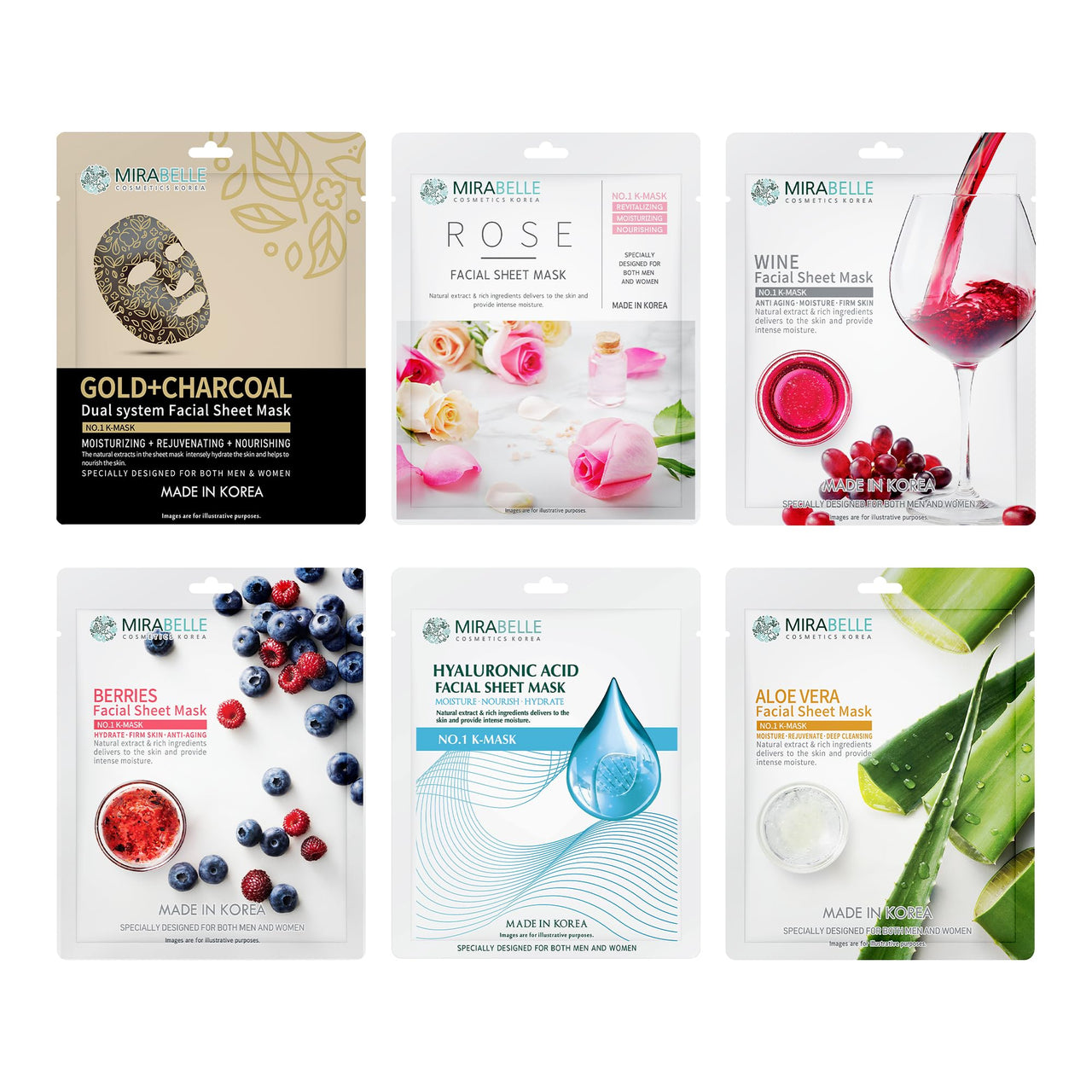 MIRABELLE COSMETICS KOREA Dry Skin Korean Face Mask Sheets | Anti-Aging & Hydration| Suitable For Women & Men | Combo Pack Of 6 (Each 25Ml)