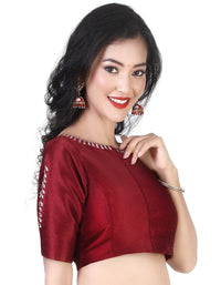 X3 Women's  Silky Polyester Lined With Pure Cotton Embroidered Elbow Sleeves Saree Blouse
