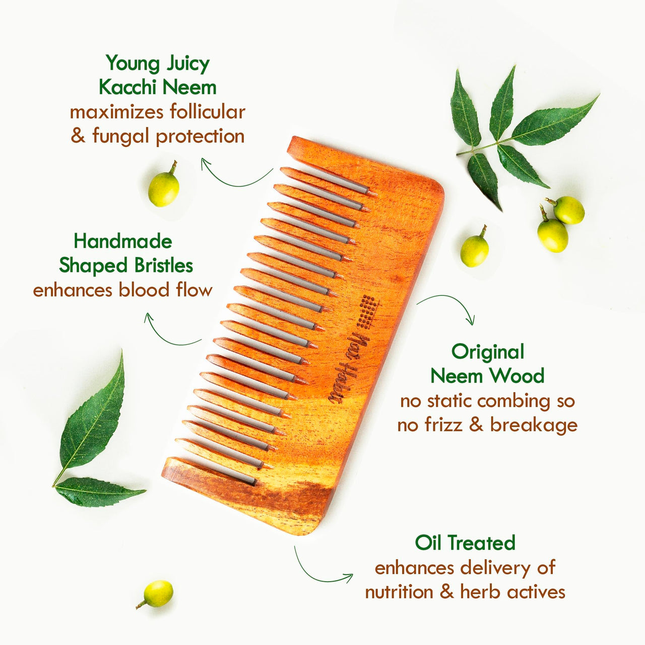 Nat Habit Kacchi Neem Wooden Shampoo Comb - Soaked In 17 Herbs, Neem & Sesame Oil - For Post Shampoo Detangling Suited For Long & Thick Hair (Wide Tooth- Small Size) Pack of 1