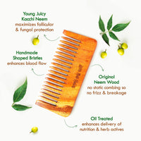Nat Habit Kacchi Neem Wooden Shampoo Comb - Soaked In 17 Herbs, Neem & Sesame Oil - For Post Shampoo Detangling Suited For Long & Thick Hair (Wide Tooth- Small Size) Pack of 1