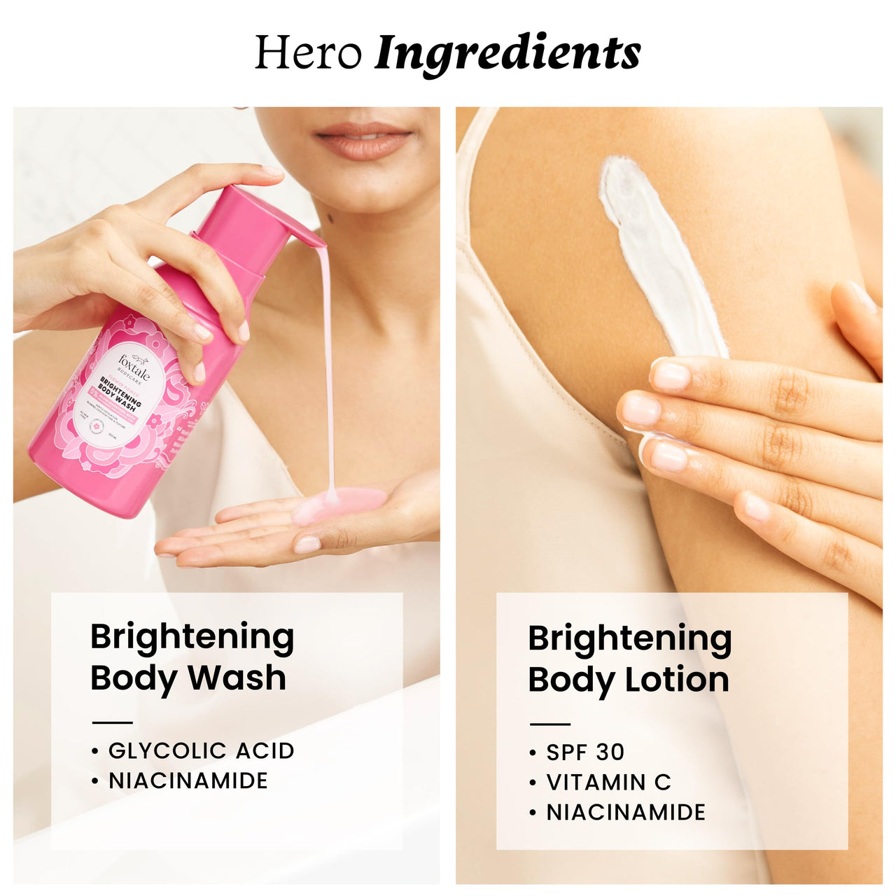 Foxtale Brightening Body Wash & Body Lotion SPF 30 | With Glycolic Acid, Niacinamide, Vitamin C | For Smooth & Glowing Skin | 6+ hrs Odor Control | Long Lasting Fragrance | All Skin Types | 250 ml