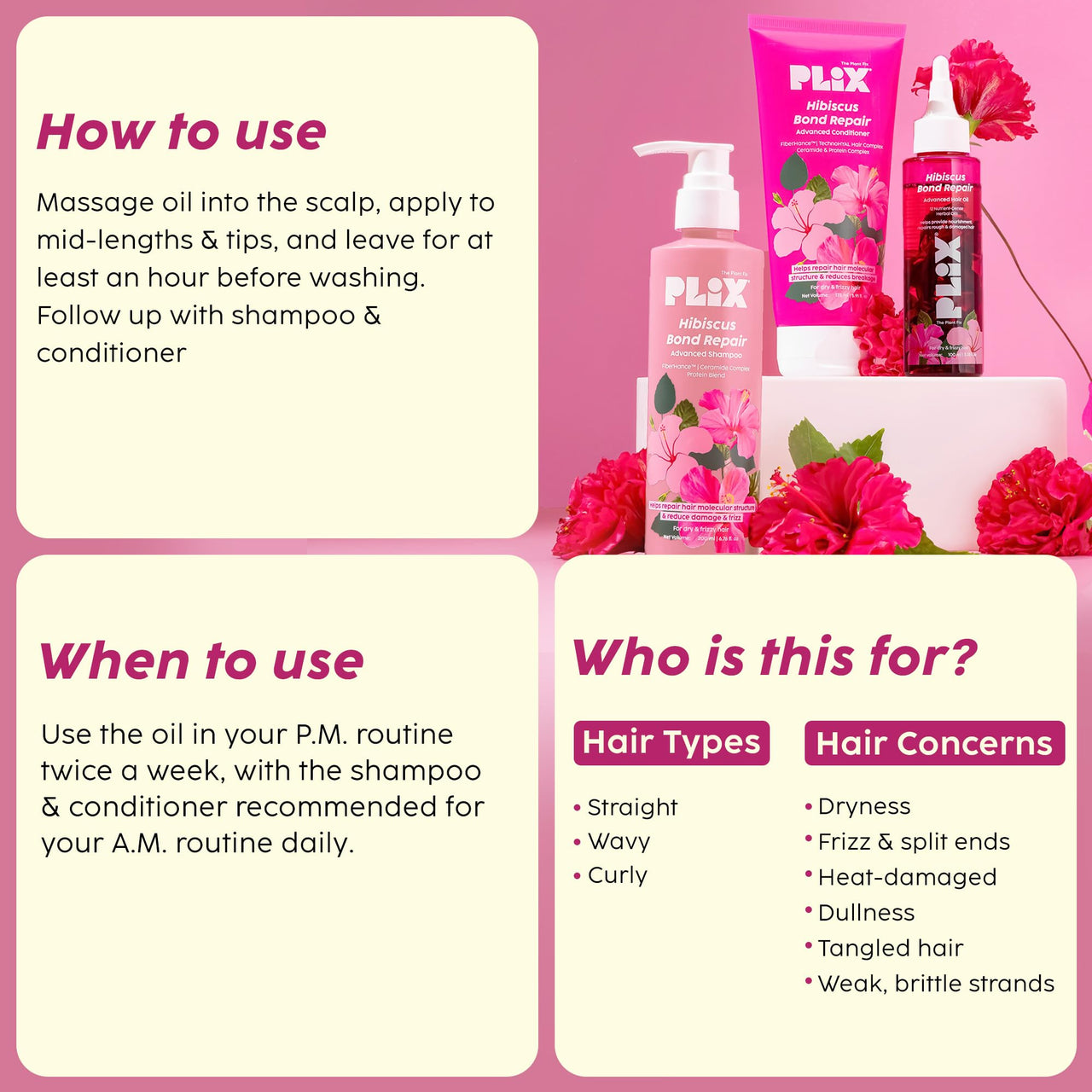 PLIX - THE PLANT FIX Hibiscus Bond Repair Advanced Oil, Shampoo & Conditioner | Repairs Damaged Hair Due To Heat Styling | Restores Strength, Reduces Frizz & Split-Ends