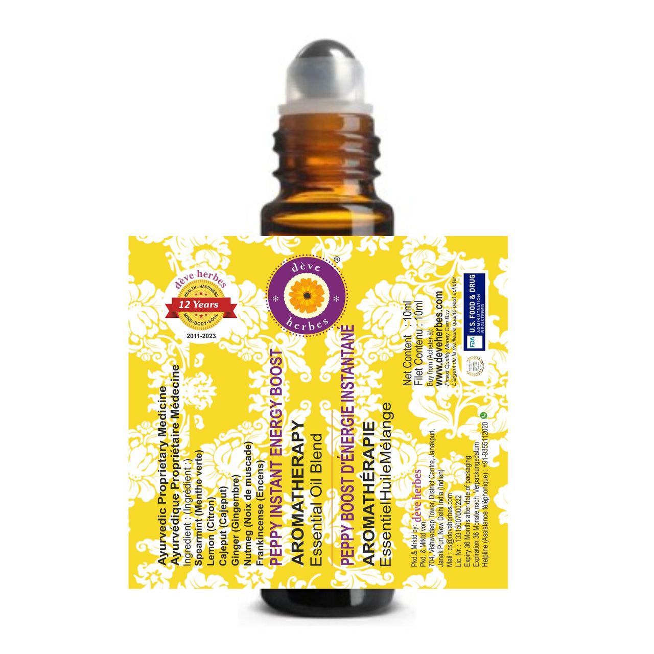Deve Herbes PEPPY - INSTANT ENERGY BOOST - Aromatherapy Essential Oil Blend for Instant Physical & Mental Energy with Spearmint, Lemon, Cajeput, Ginger, Frankincense & Nutmeg Essential Oils 10ml