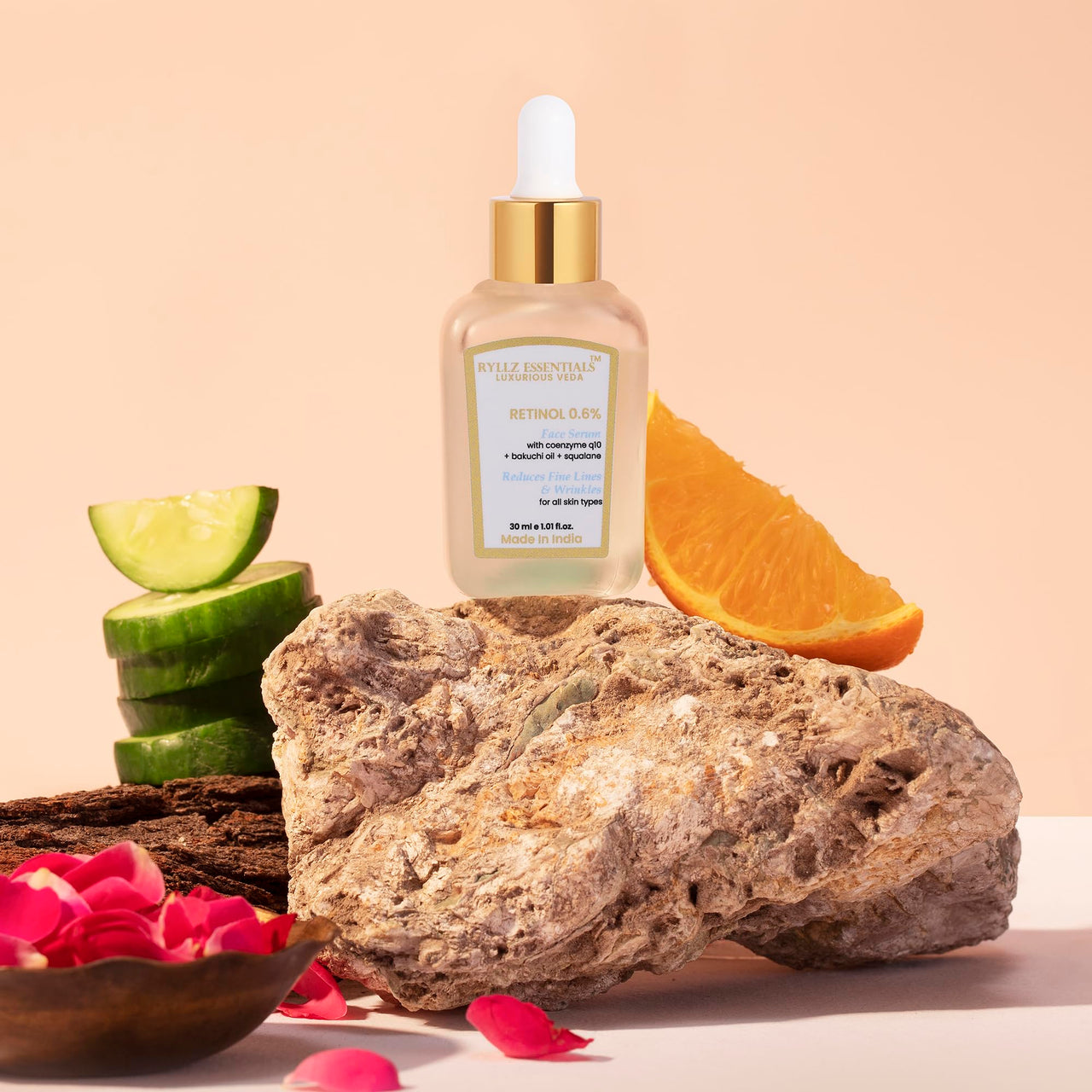 RYLLZ ESSENTIALS Retinol 0.6% Anti Aging Night Serum | with Coenzyme q10, Bakuchiol Oil, Squalane, Rosehip Extract, Azelaic Acid & Niacinamide | for Fine Lines & Wrinkles | For All Skin Types | 30ml