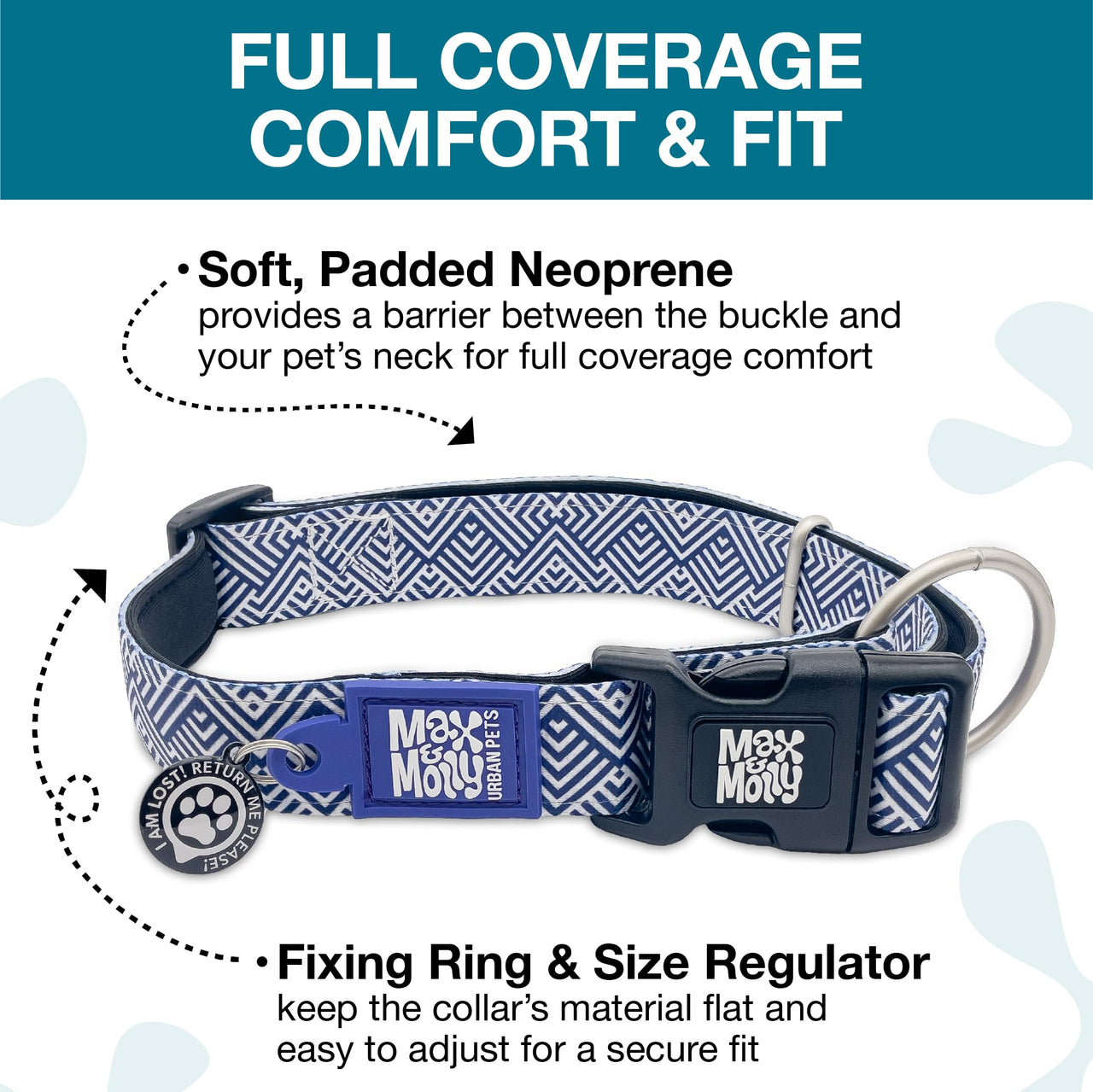 Max & Molly Soft Padded Neoprene Dog Collar w/Smart ID Gotcha! QR Pet Safety Tag, Durable, Waterproof, Anti-Stink, Machine Washable Collar for Dogs, Mykonos Navy Stripe, S