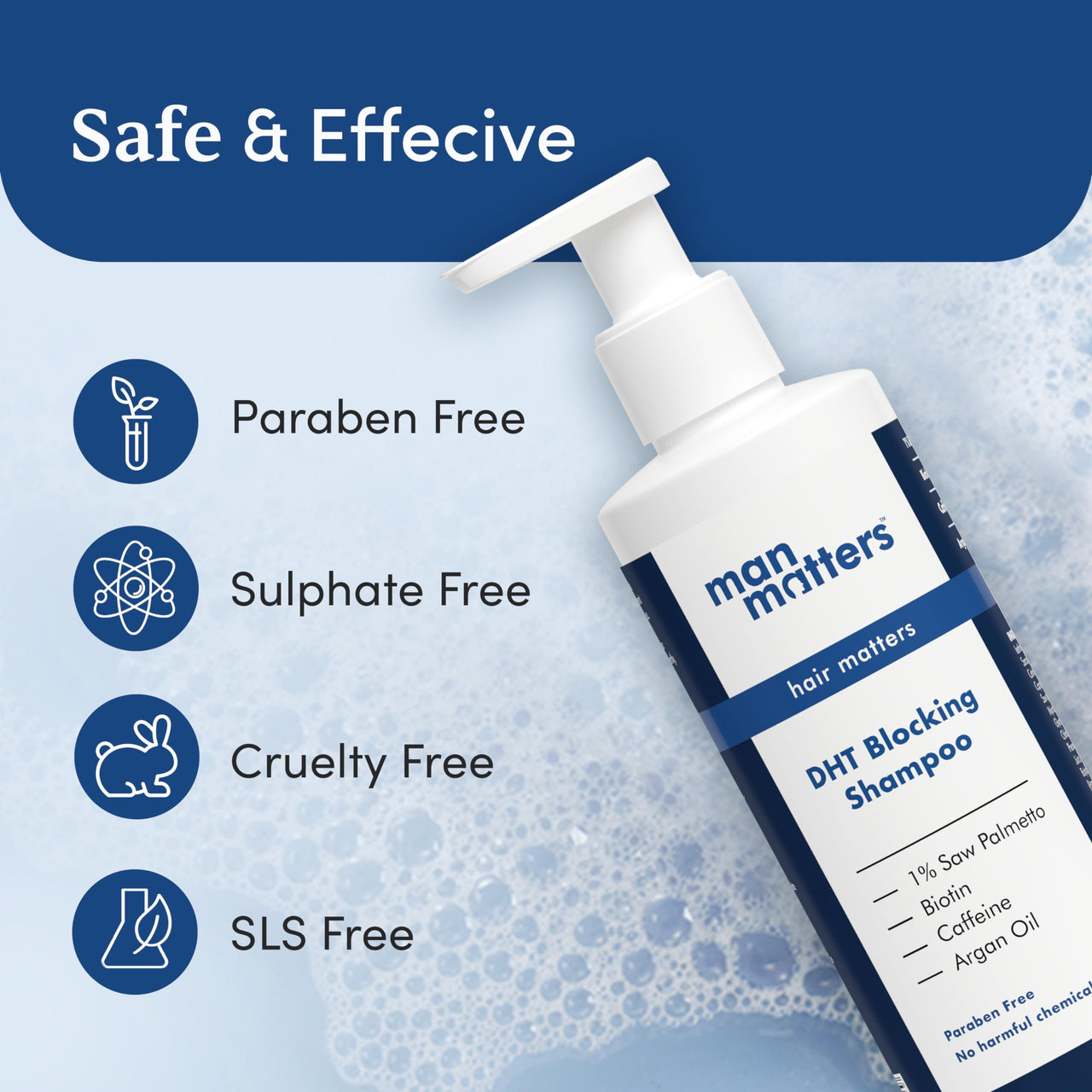 Man Matters DHT Blocking Anti Hair Fall Shampoo 200ml | Paraben & Sulphate Free | With 1% Saw Palmetto, Biotin, Caffeine & Argan Oil | No Side Effects