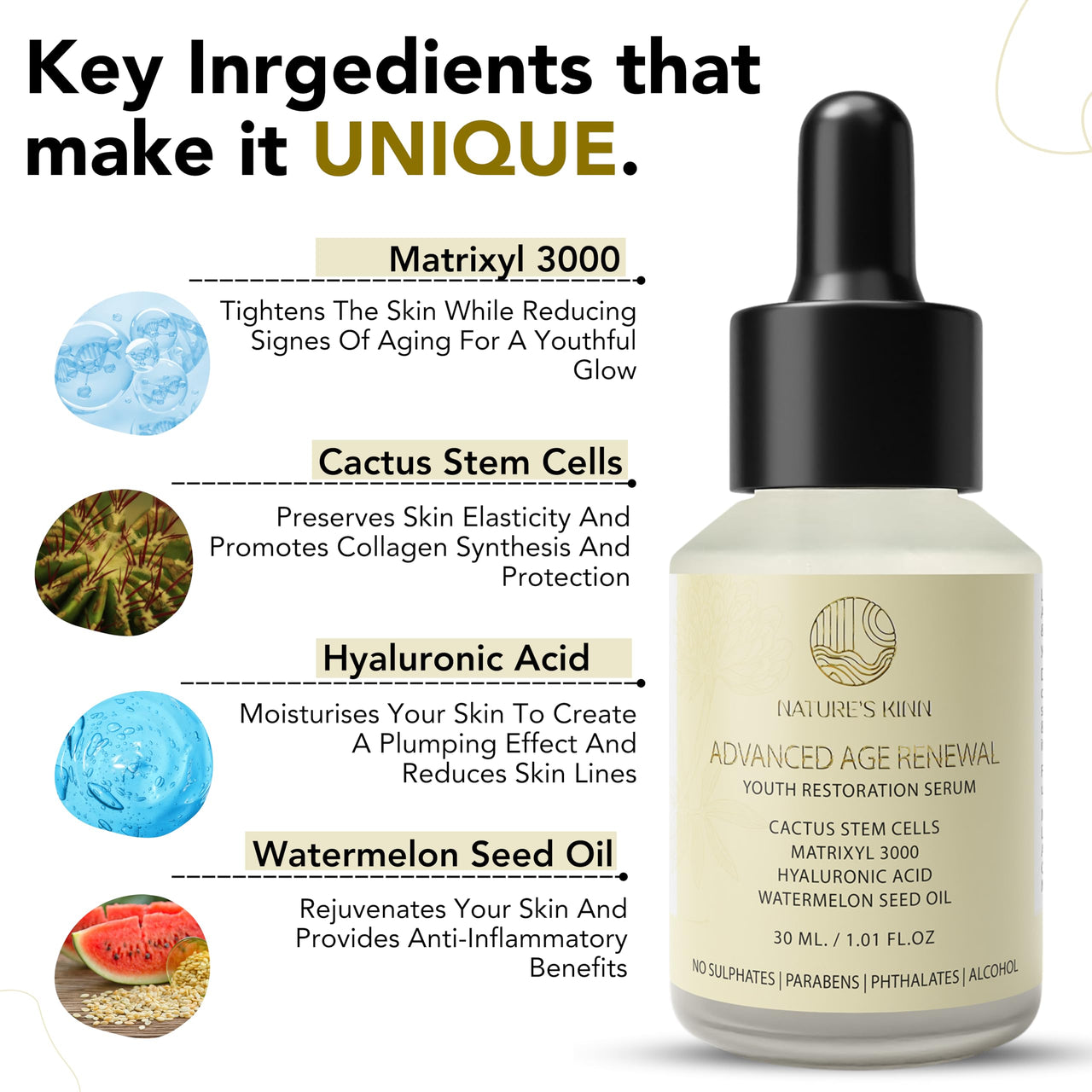 Nature's Kinn Face Serum Multi Peptide Serum 30ml, Matrixyl 3000, Hyaluronic Acid, Cactus Plant Stem Extract provides intense hydration, boost collagen, firm and smooth skin, minimize fine lines and wrinkles 30 ml