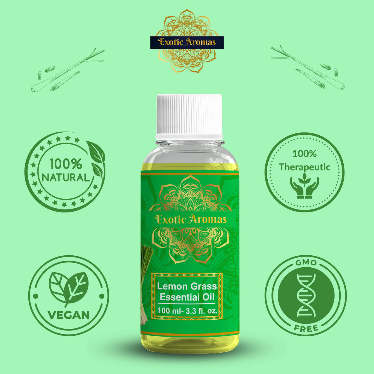 Exotic Aromas Lemongrass Essential Oil for Aroma Therapy, Stress Relief, Hair, Skin & Sleep, 100 M