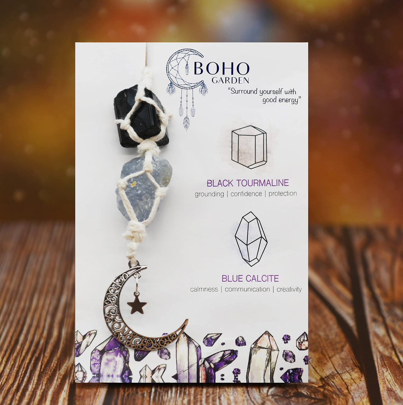 BOHO GARDEN Hanging Car Charm - Black Tourmaline & Blue Calcite - Dangling Moon & Healing Crystal Accessories, Rearview Mirror Decorations - Confidence, Calmness, Creativity, Protection, Communication Tourmaline-blue Calcite