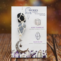 BOHO GARDEN Hanging Car Charm - Black Tourmaline & Blue Calcite - Dangling Moon & Healing Crystal Accessories, Rearview Mirror Decorations - Confidence, Calmness, Creativity, Protection, Communication Tourmaline-blue Calcite
