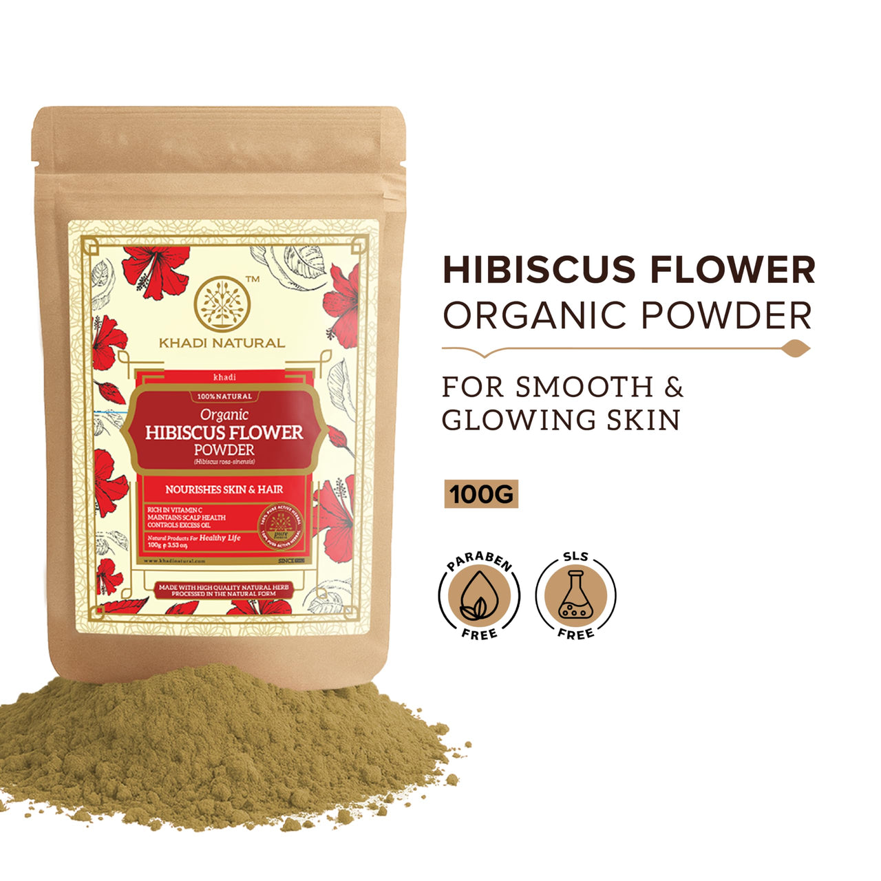 Khadi Natural Hibiscus Flower Organic Powder | Hair Conditioning & Strength | Boosts Growth, Adds Shine | No Chemicals | For all hair types | 100 gm