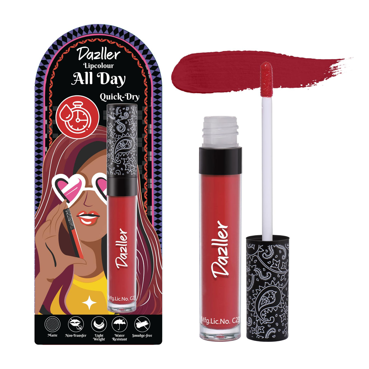 Dazller All Day Lip Colour Quick Dry | Long-Stay | Lightweight | Matte Lipstick for Women | Enriched with Kokum Butter 6g (QDLC022 - Rich Velvet, Quick Dry)