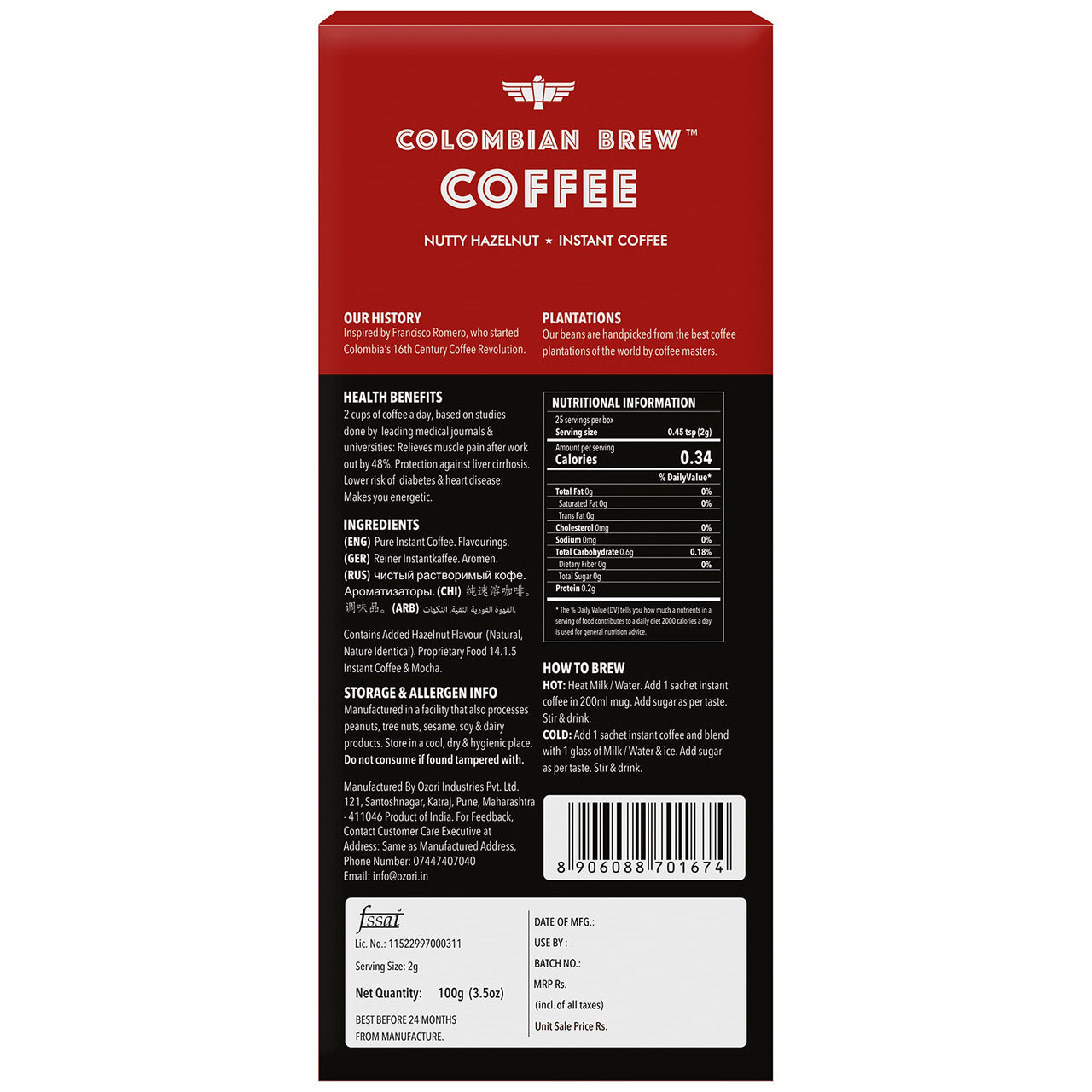 COLOMBIAN BREW COFFEE Hazelnut Instant Coffee Powder, No Sugar Vegan, 100gram, Box