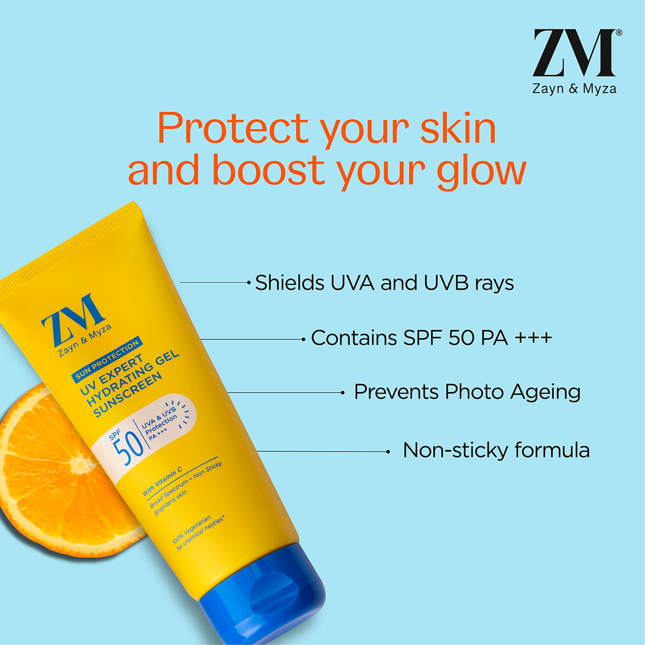 ZM Vitamin C UV Expert Hydrating Gel Sunscreen SPF 50 PA +++ For Bright & Glowing Skin | Non-Greasy, Quick-Absorbing | UVA UVB Sun Protection | Sunscreen For Women & Men - (Pack of 2) (50gm x 2)