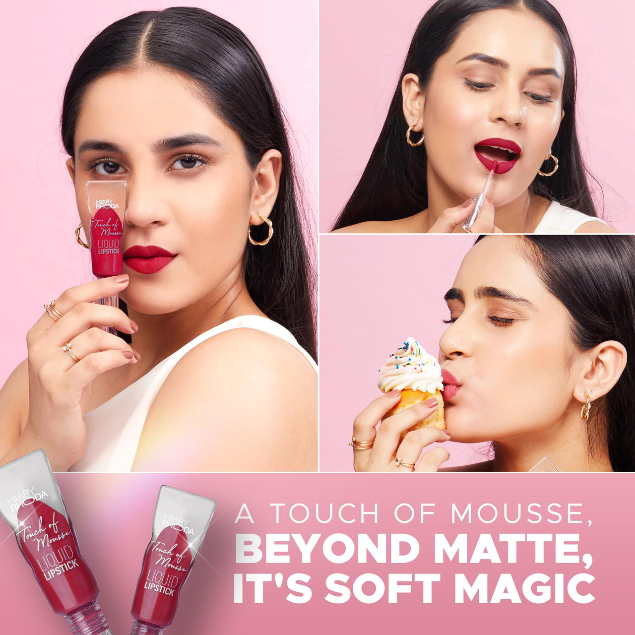 Hilary Rhoda Touch Of Mousse Lipstick | Matte Finish & Long Lasting | Infused with Vitamin E | Weightless & Liquid Lipstick with Mousse Finish | Smudge & Water Proof | Vegan - 5ml (Ruby Pink - Shade 08)